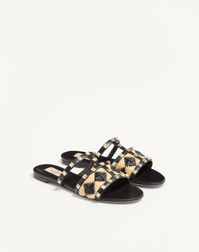 ROCKSTUD SLIDE SANDAL WITH RAFFIA CHECK EMBROIDERY 2
