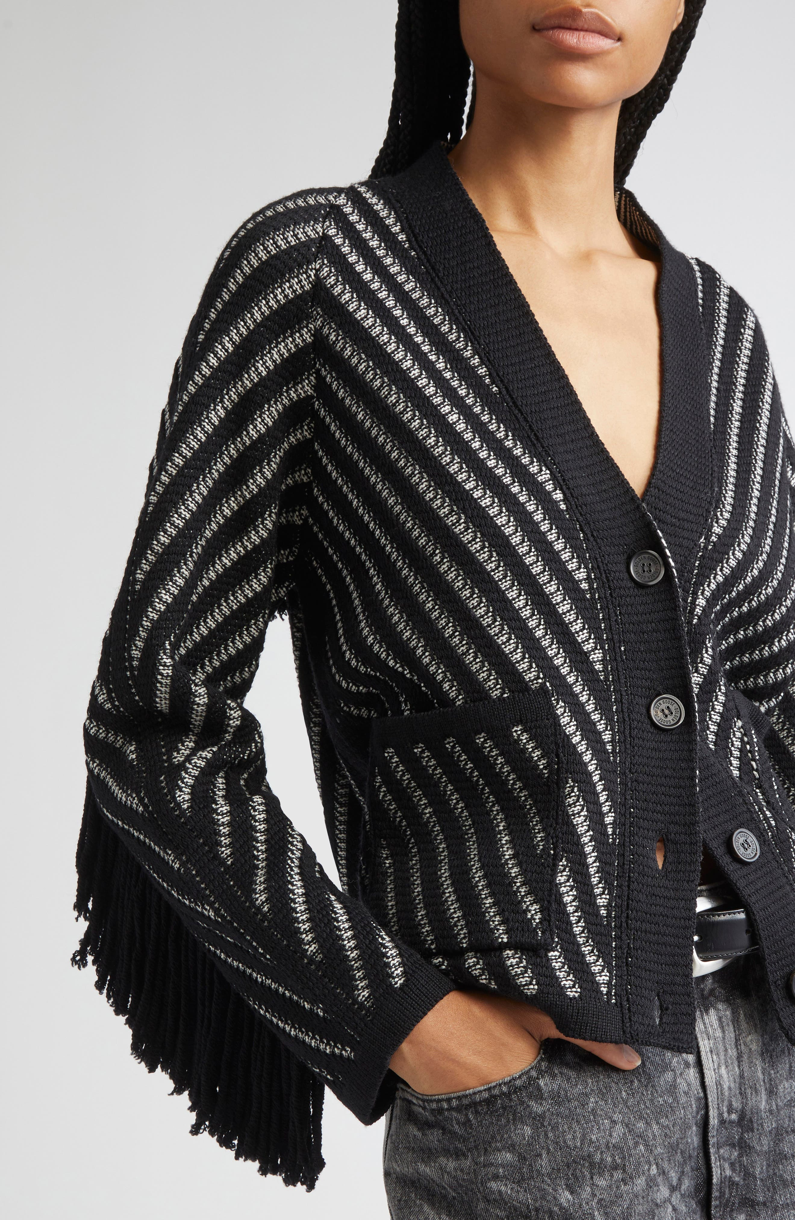 Golden Goose Journey Olivia Fringe Trim Virgin Wool Cardigan in Black/White at Nordstrom - 5
