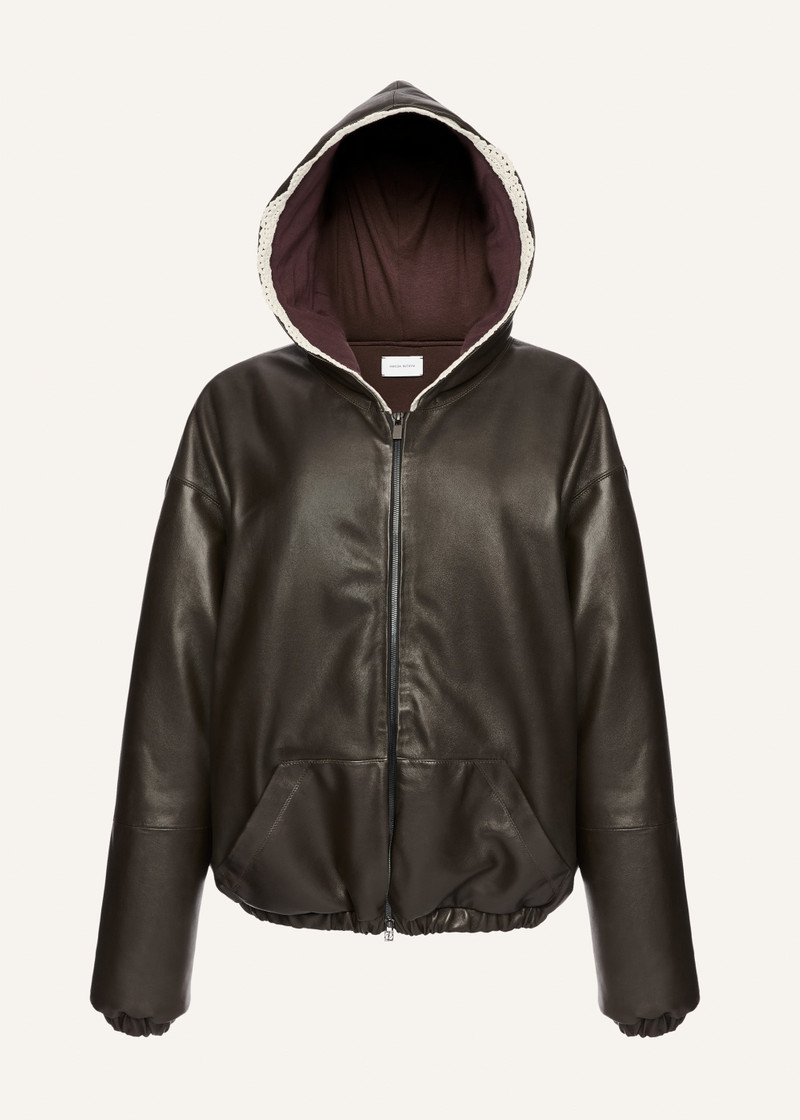 Lace-detail zip up hoodie in black leather 1