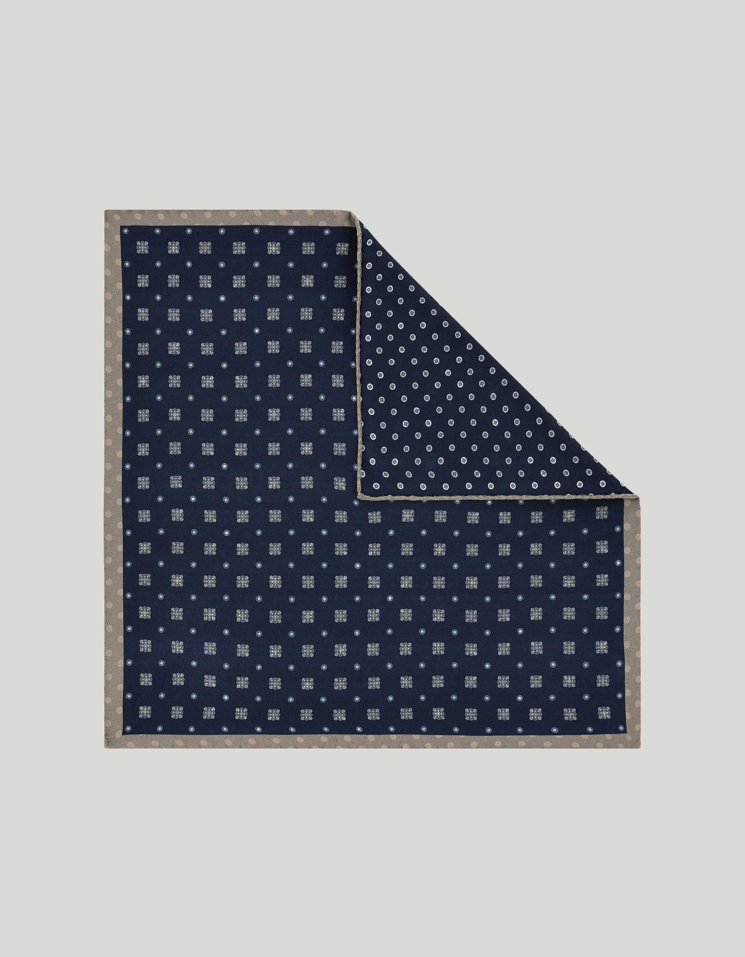 BLUE SILK DOUBLE PRINT POCKET SQUARE WITH HAND-STITCHED HEM - 1