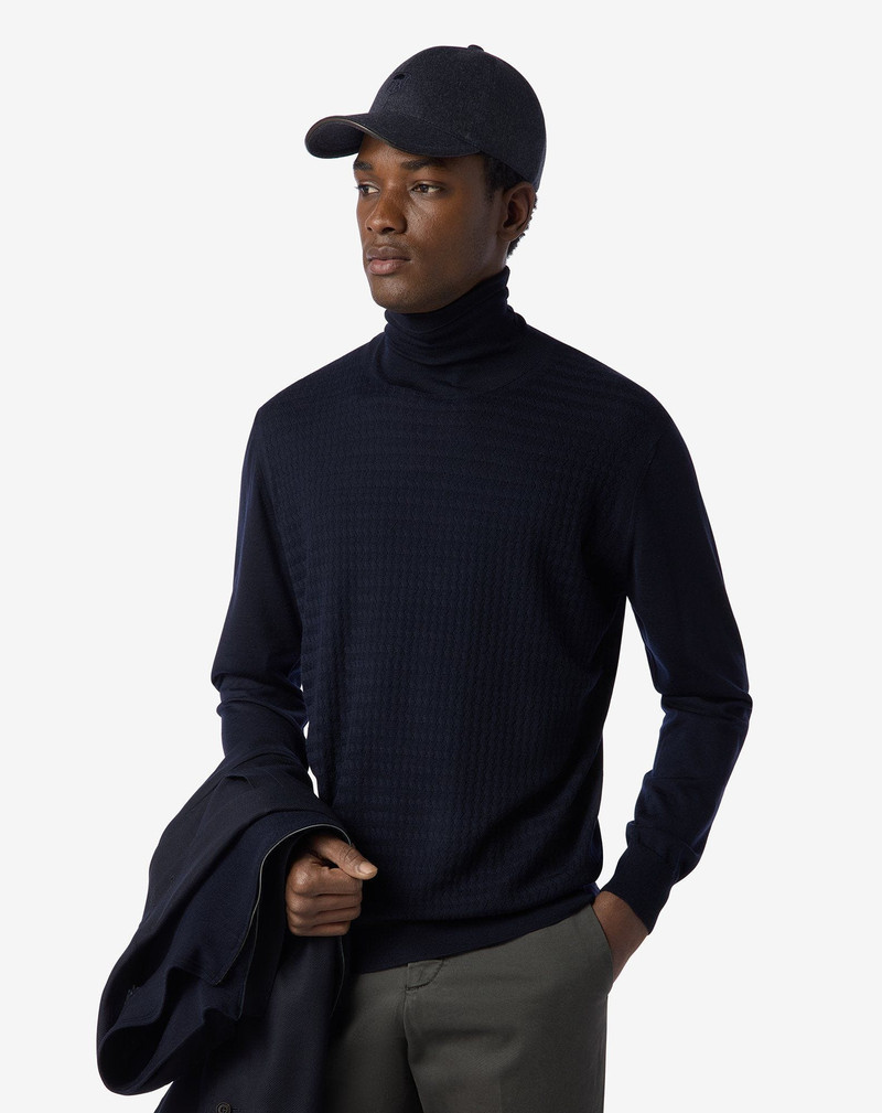 CORNELIANI Blue ultra-fine 120's wool button-up polo shirt with wavy stitch outlook