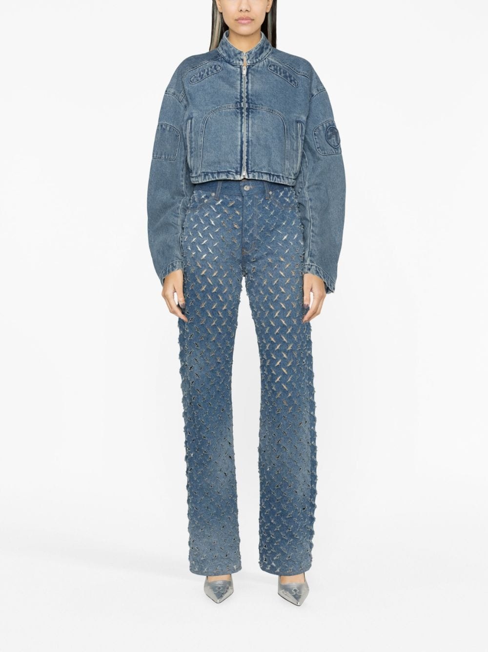 cropped denim biker jacket - 2