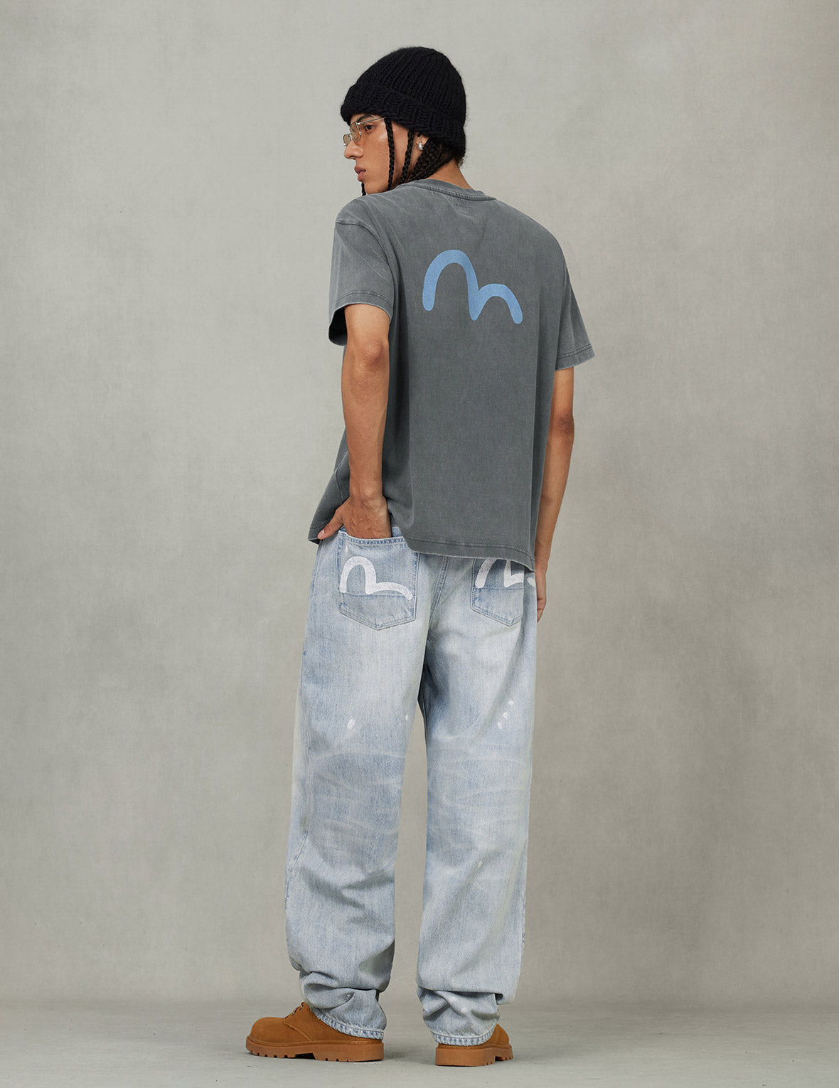 Washed Patchwork and Seagull Print Loose Fit Denim Jeans - 8
