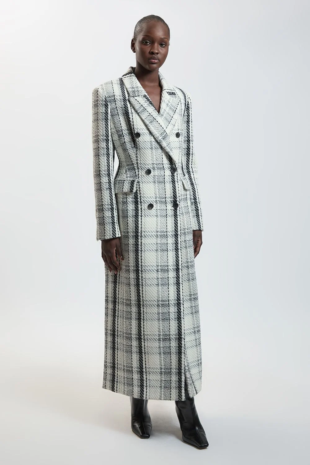 Wool Blend Check Double Breasted Tailored Maxi Coat - 1
