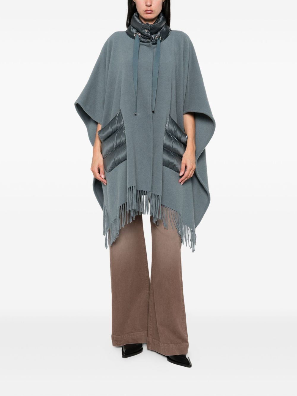 quilted-pocket fringed poncho - 2
