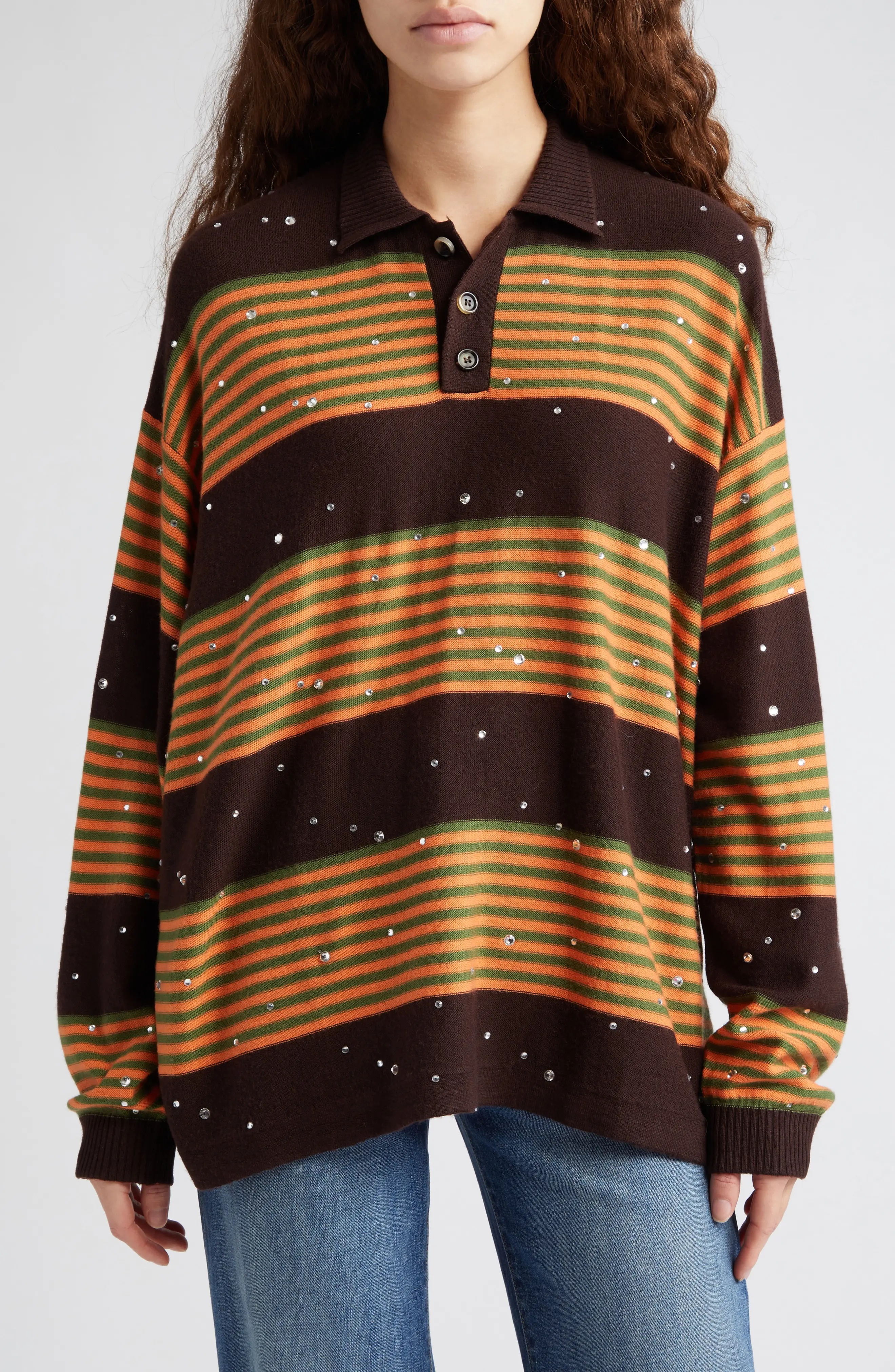 Crystal Embellished Stripe Merino Wool Polo Sweater - 1