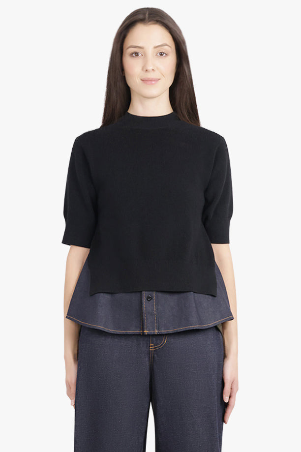 S/S PULL OVER KNIT WITH DENIM UNDERLAY | BLACK/INDIGO BLUE - 3