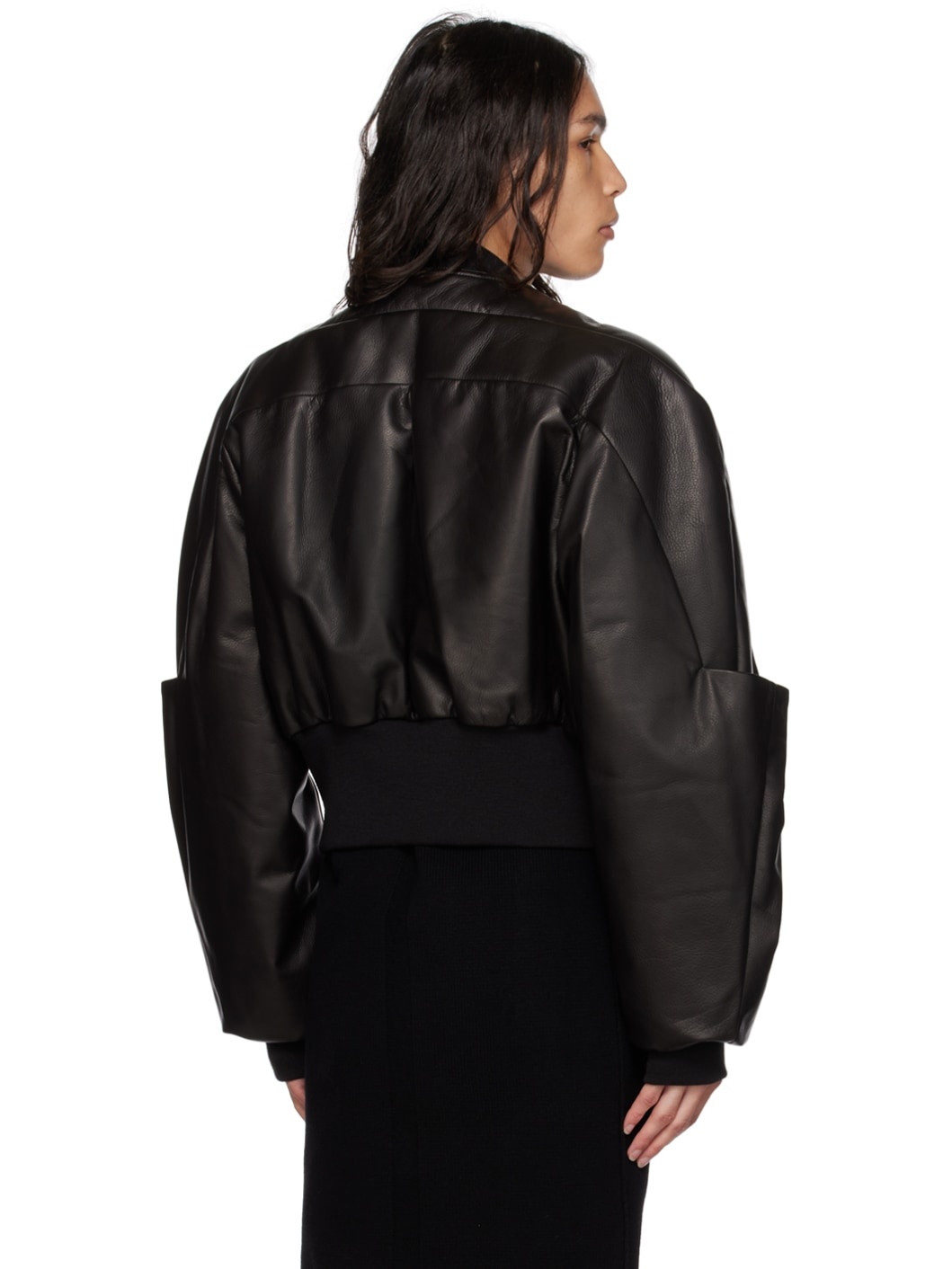 Black Girdered Leather Bomber Jacket - 3