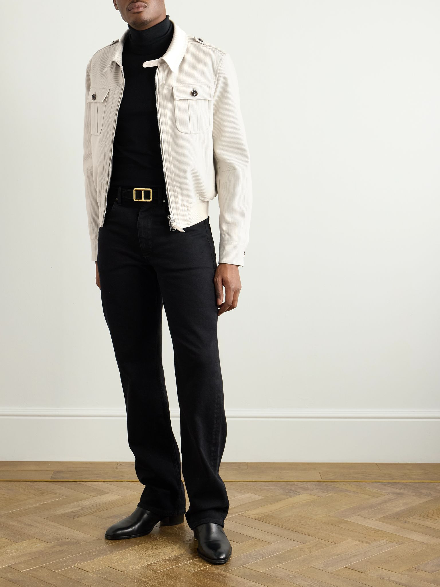Slim-Fit Leather-Trimmed Cotton-Corduroy Jacket Cream - 2