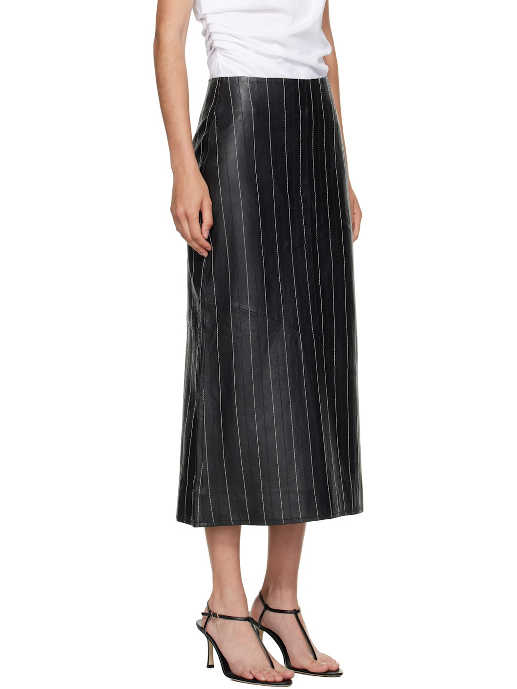 Black Kick Detail Leather Midi Skirt - 2