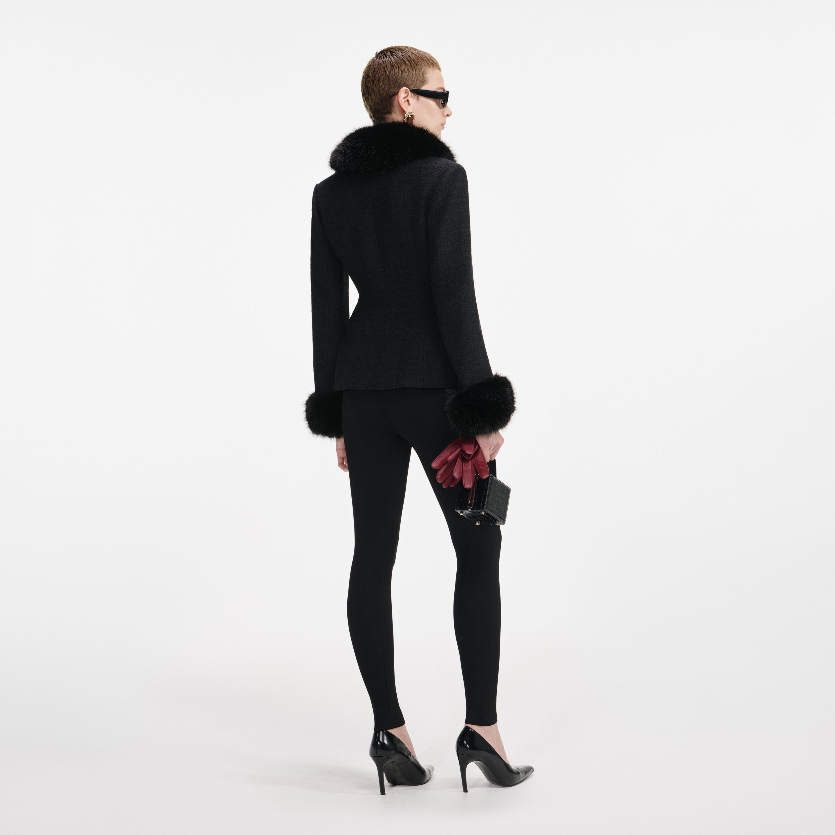 Black Tailored Boucle Fur Jacket - 3