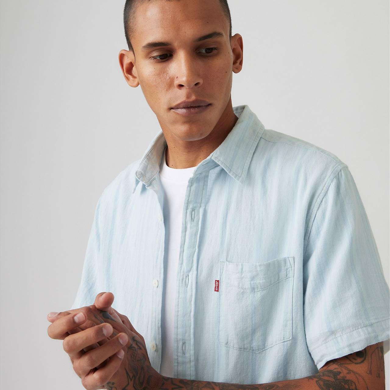 SHORT SLEEVE SUNSET COTTON LINEN ONE POCKET SHIRT - 5