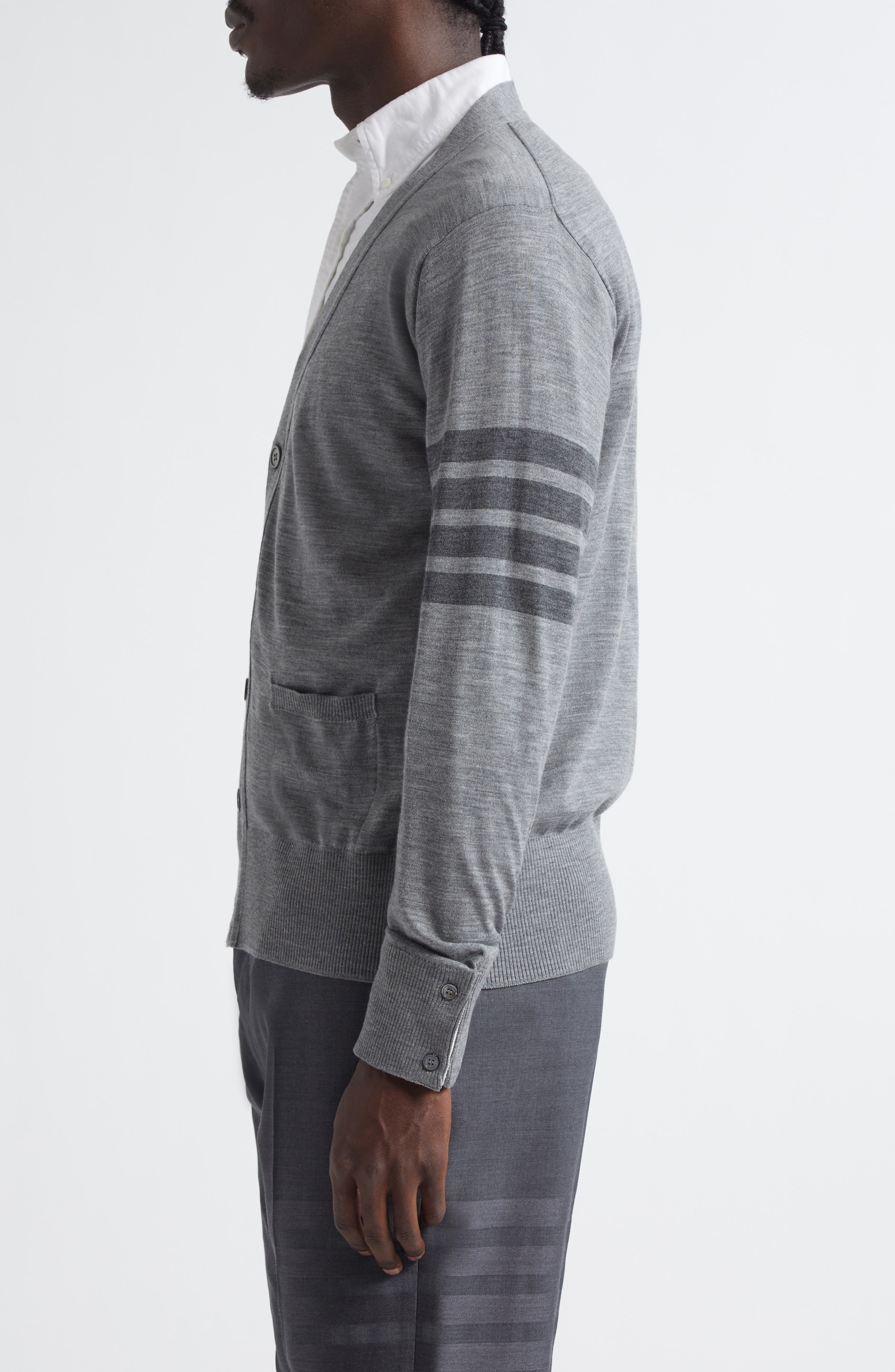 Thom Browne Classic 4-Bar Virgin Wool Cardigan in Light Grey at Nordstrom - 3