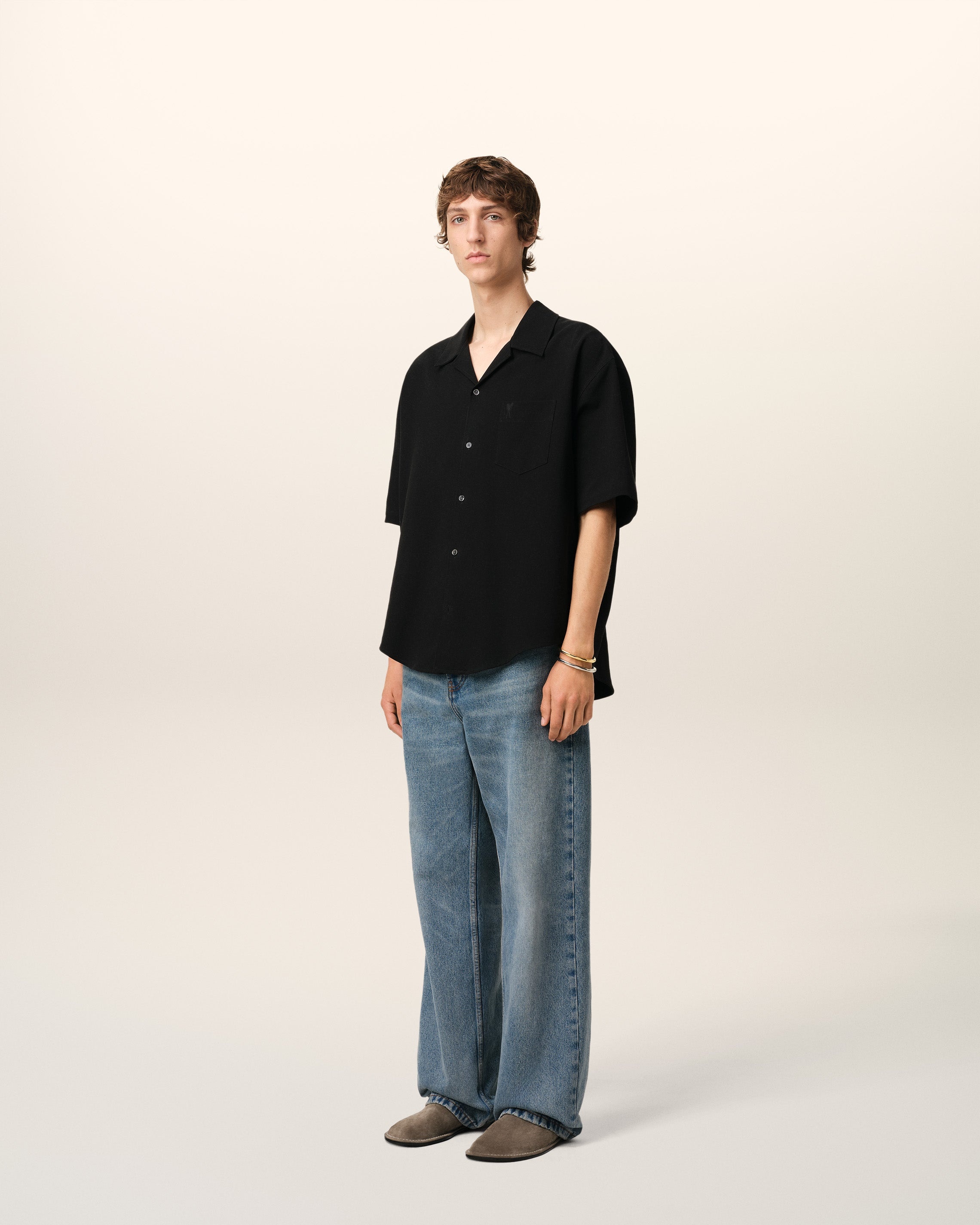 BLACK COTTON CAMP COLLAR SHORT SLEEVES SHIRT - 6