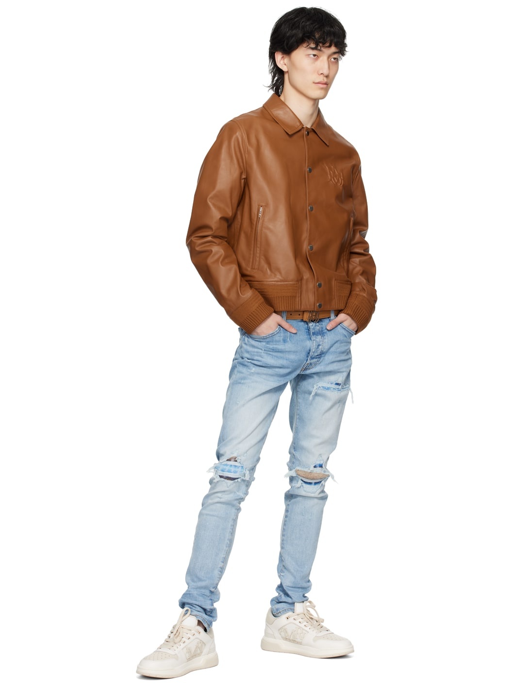 Brown Embossed Leather Jacket - 4