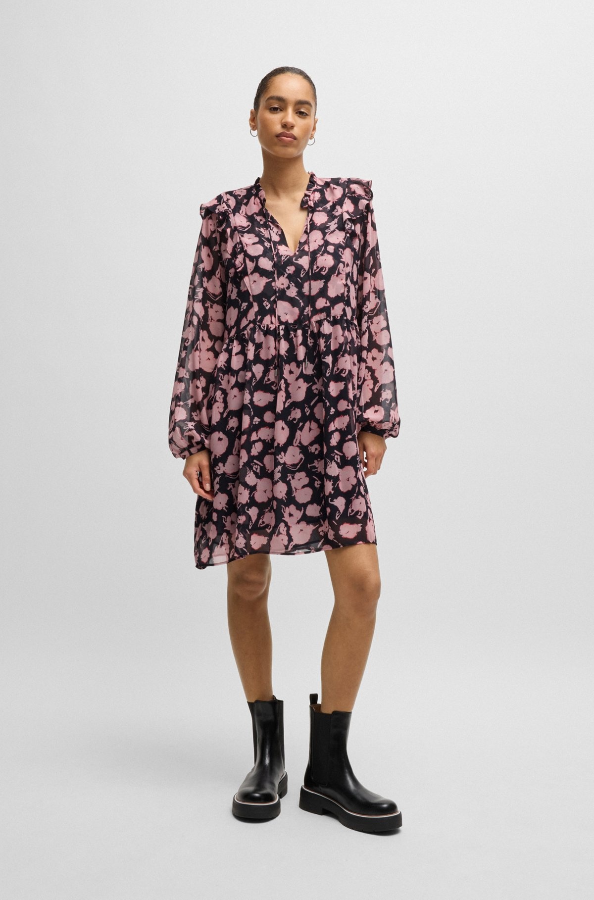 PRINTED DRESS WITH RUFFLE TRIMS AND BUTTON CUFFS - 3
