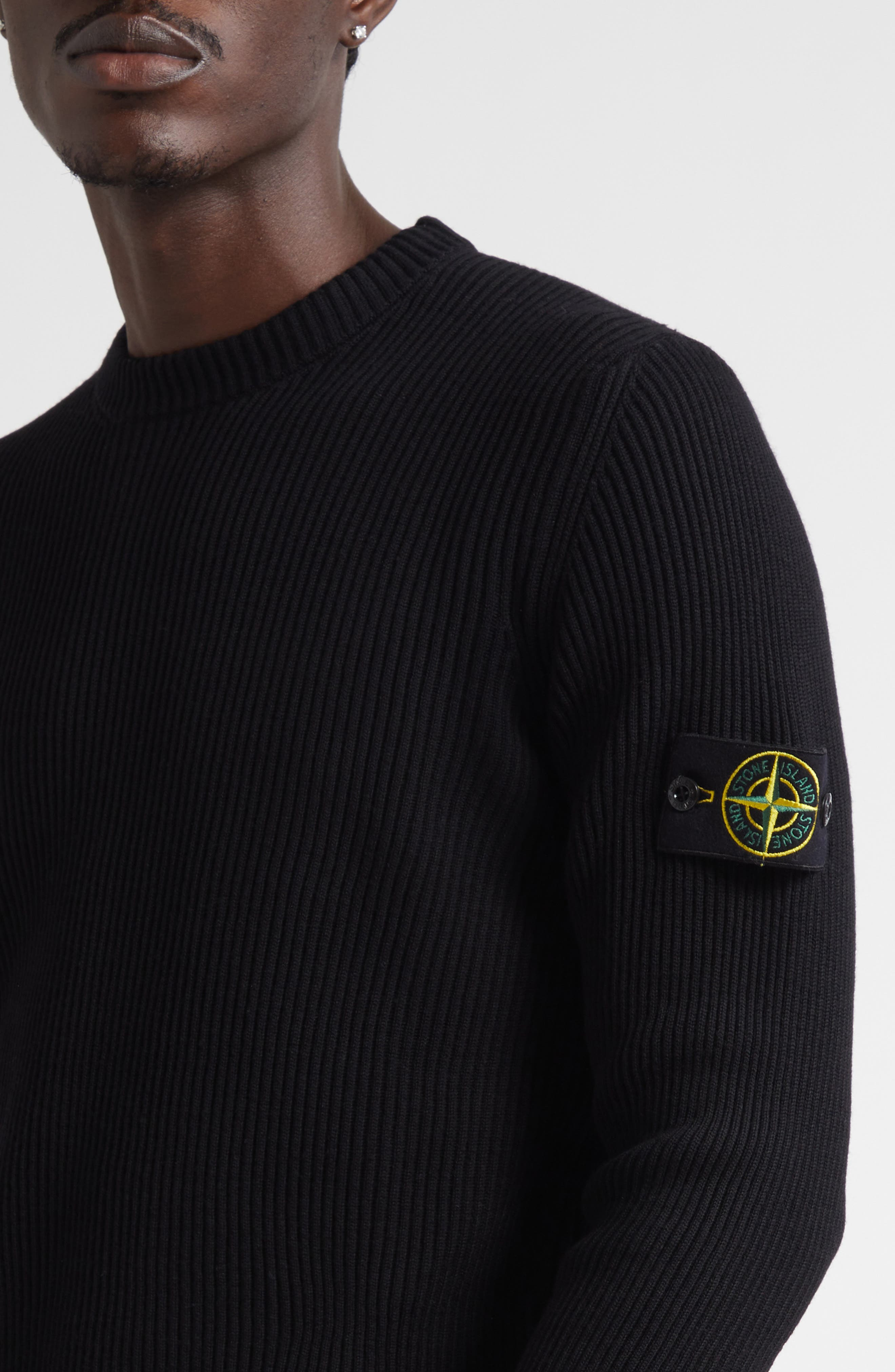 Stone Island Compass Patch Rib Virgin Wool Crewneck Sweater in V0029 Black at Nordstrom - 4