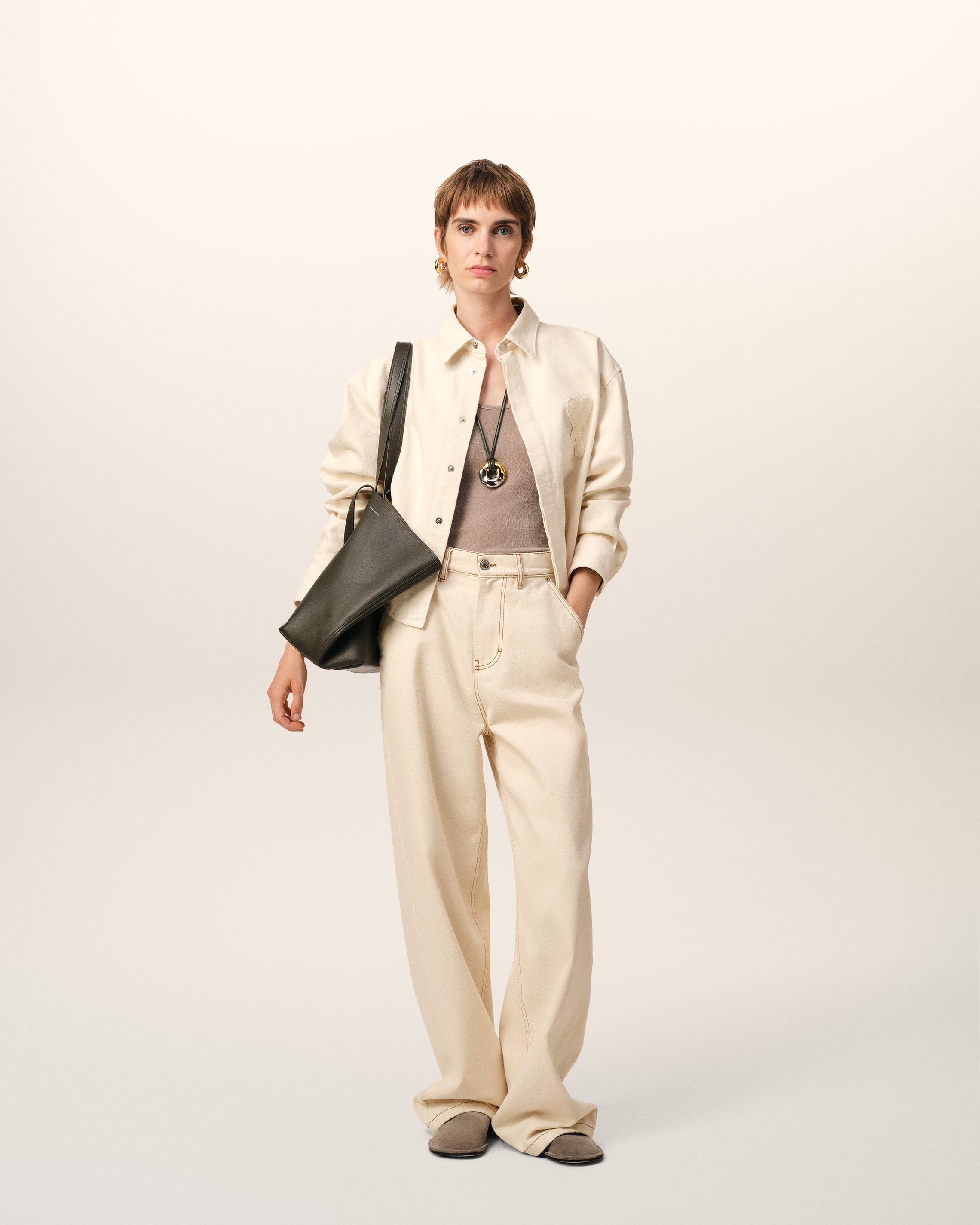 BEIGE COTTON AMI DE COEUR CROPPED SHIRT - 2