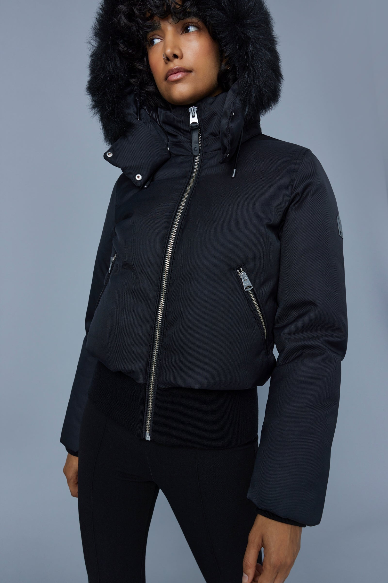 CORY Twill down bomber with removable hood and sheepskin trim for ladies - 5