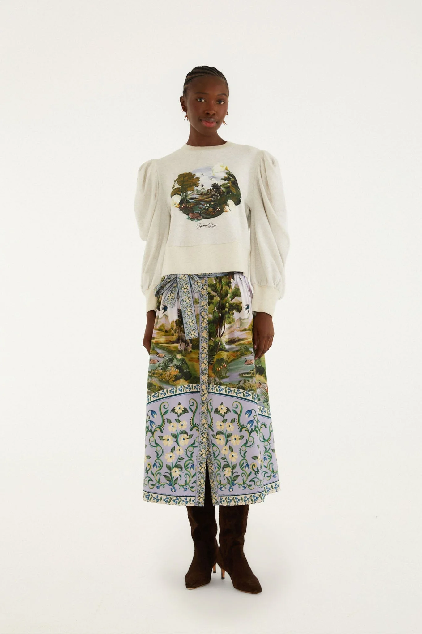 Multicolor Countryside Landscape Belted Midi Skirt - 1