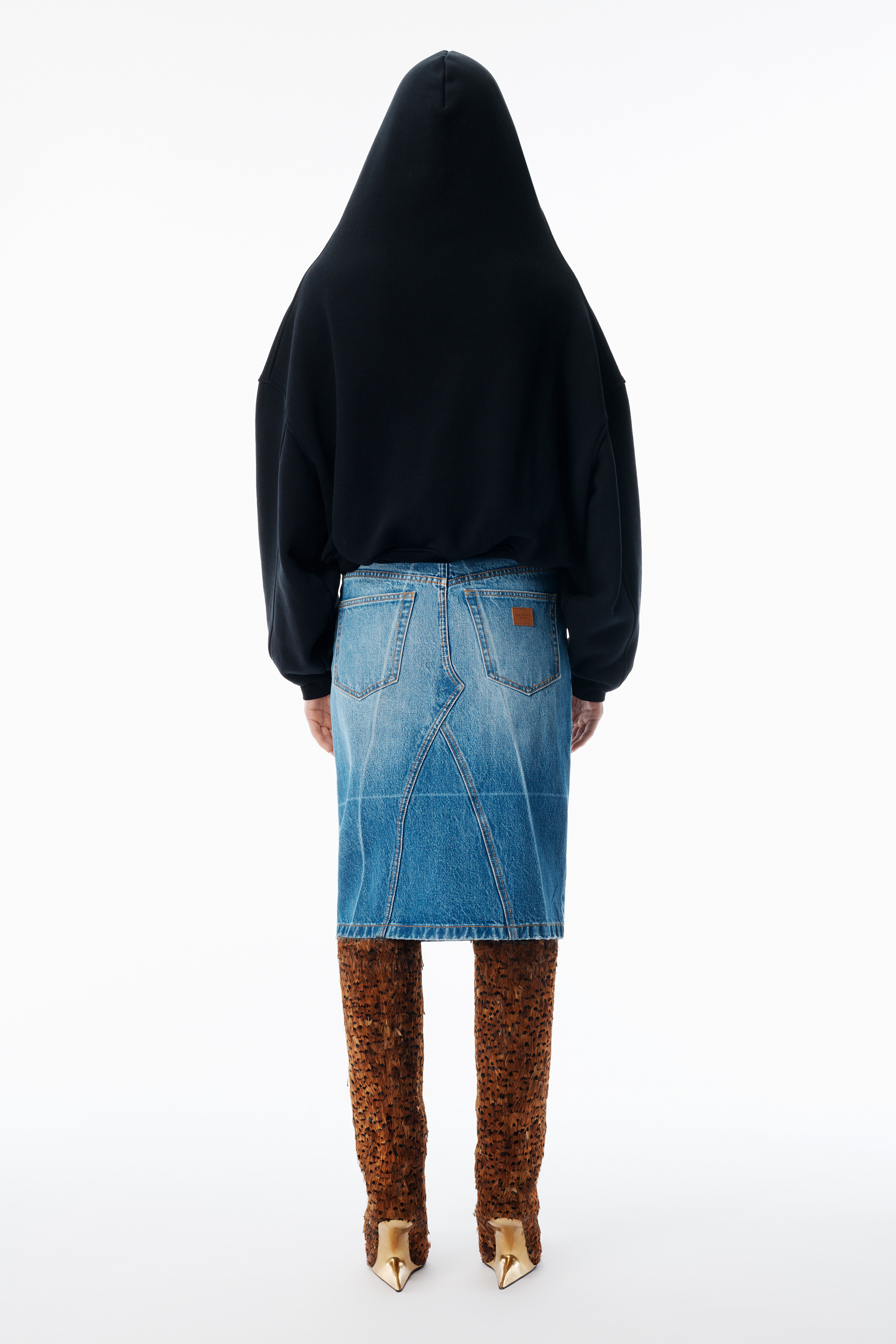 Vintage-Effect Marbled Blue Foldline Denim Skirt - 4
