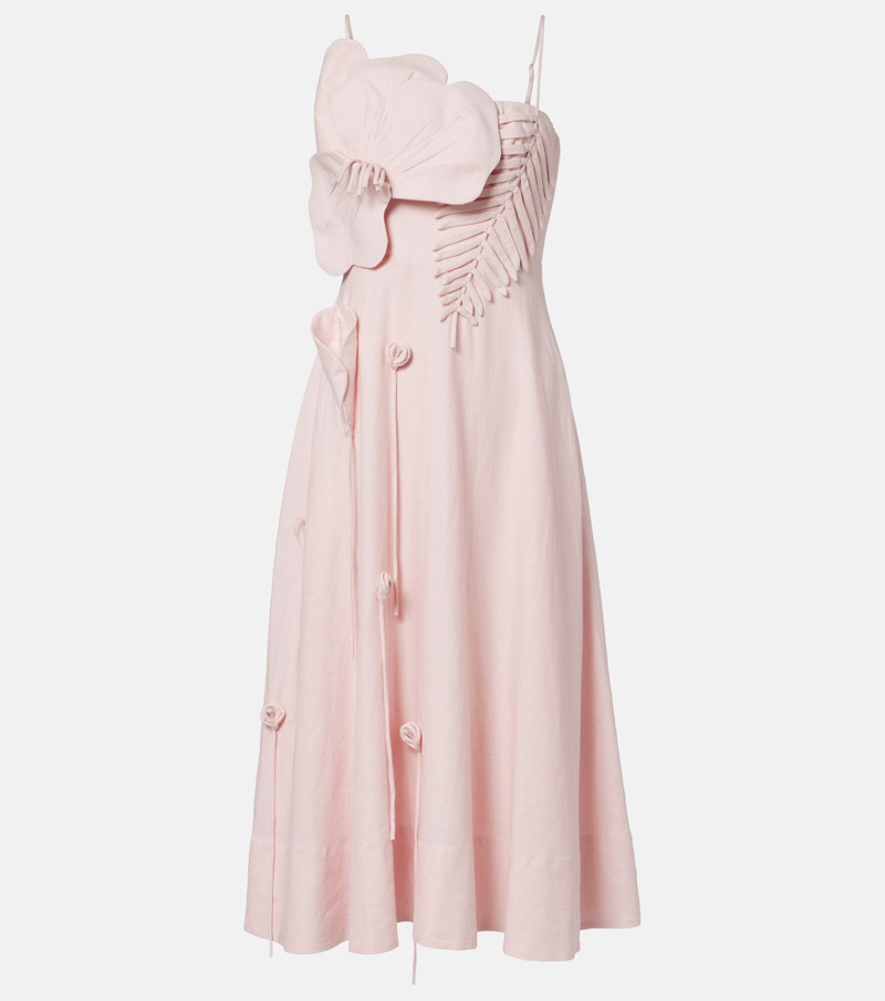 Floral-appliqué linen-blend midi dress 1