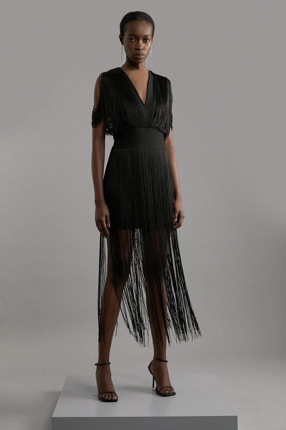 Figure Form Bandage Knit Fringe Detail Dress - 1