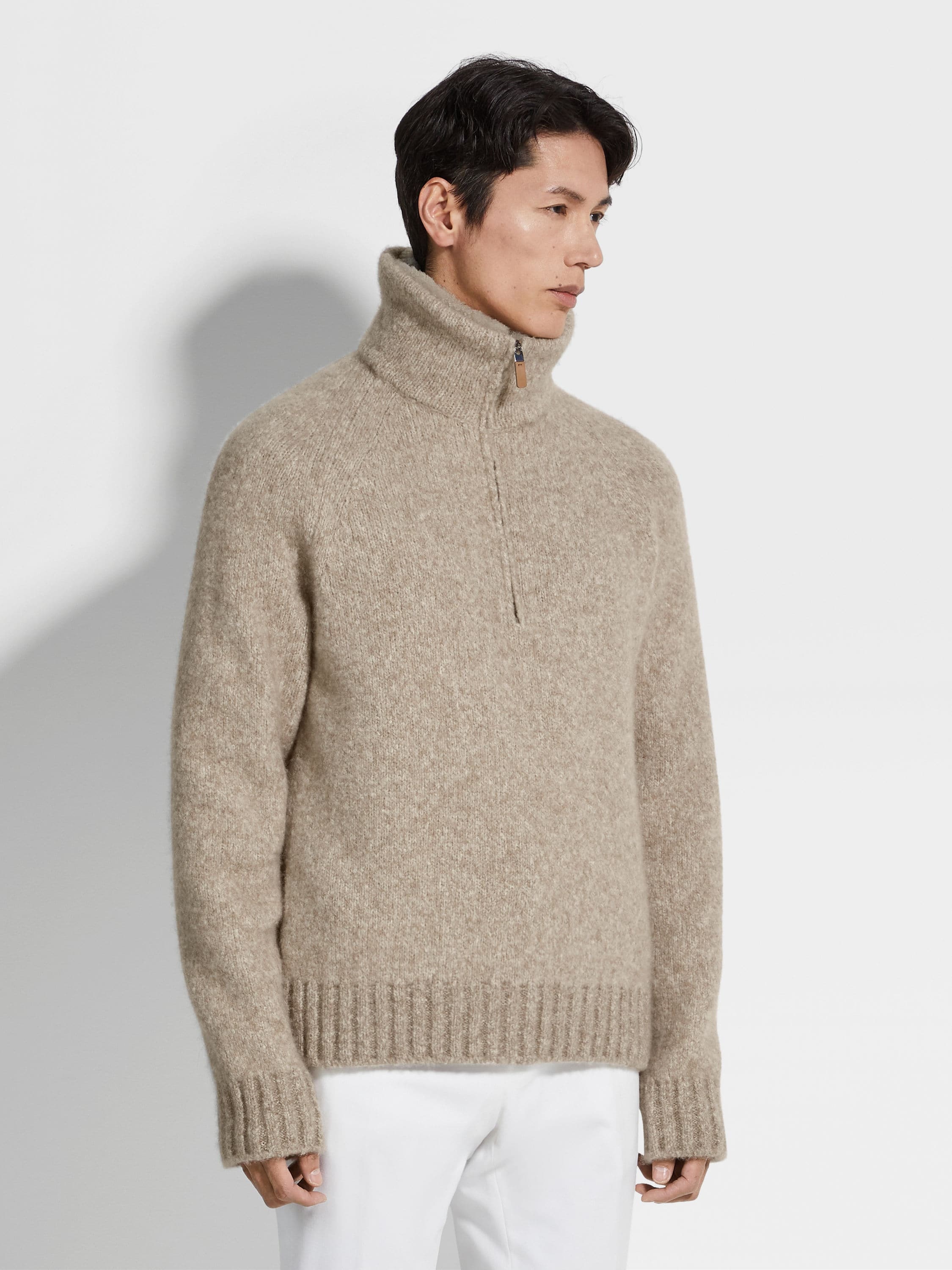 LIGHT TAUPE MÉLANGE CASHMERE BLEND POLO SHIRT - 4