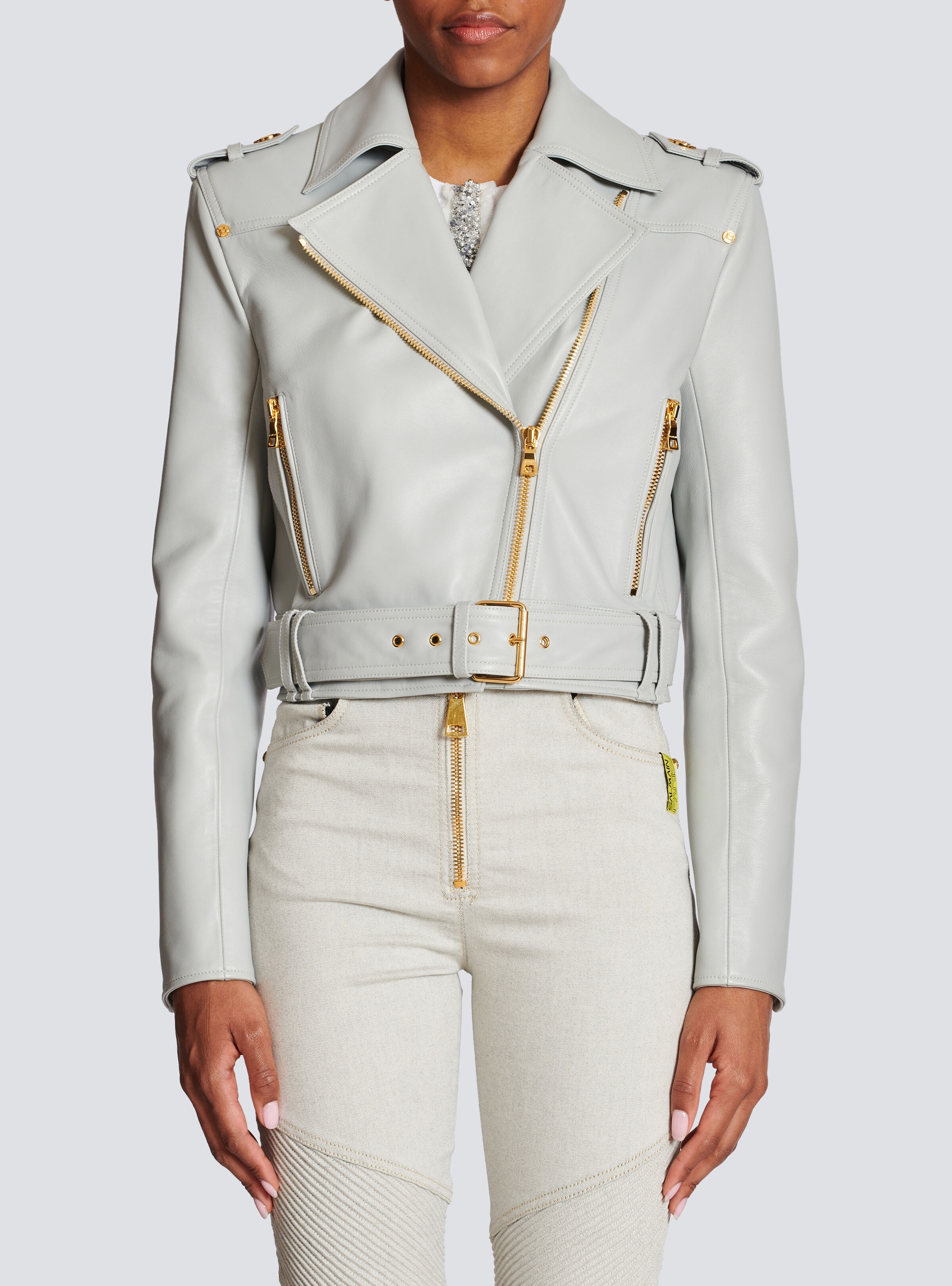 Short leather biker jacket - 5