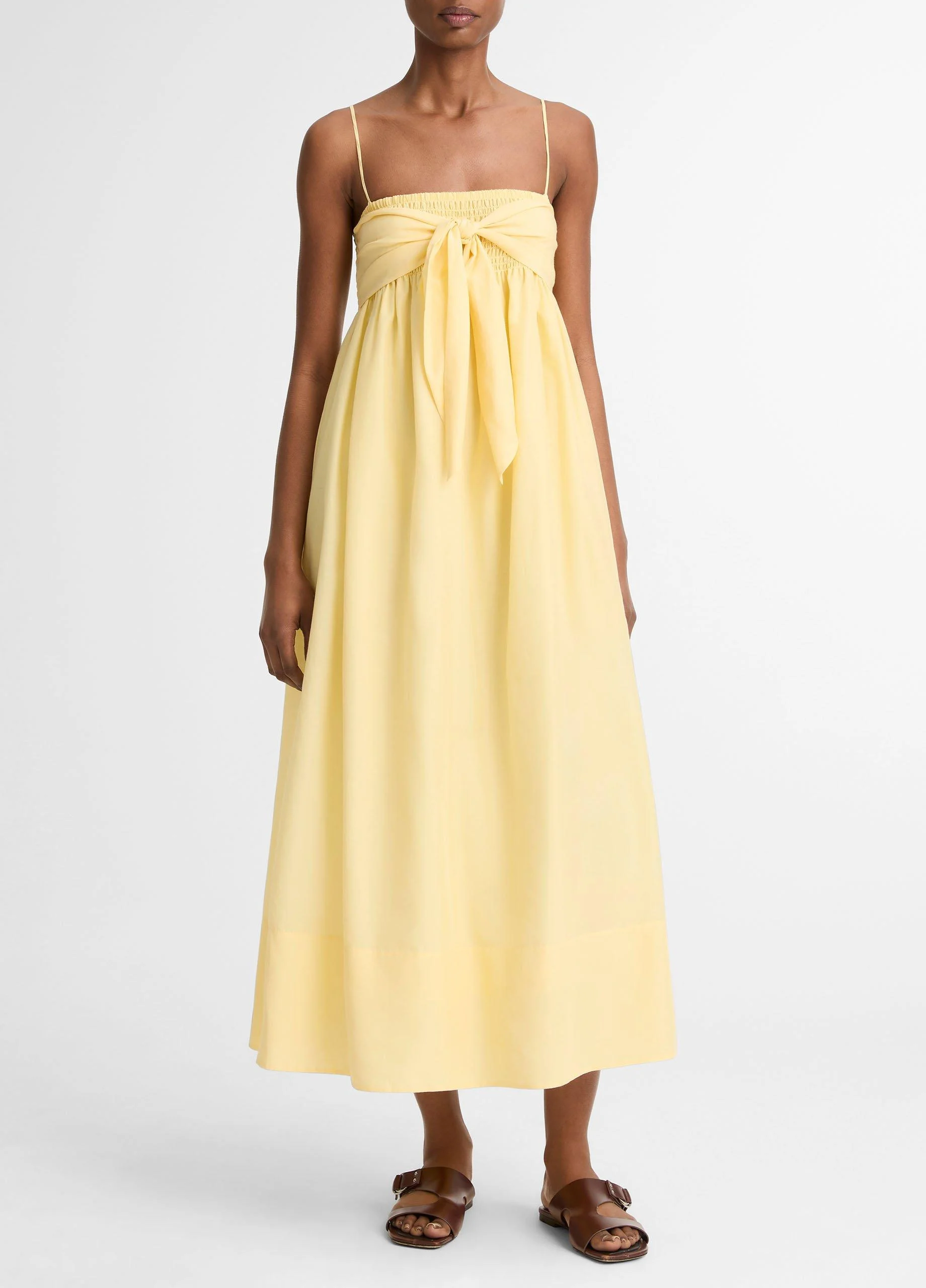 Cotton-Silk Tie Smocked Dress - 1