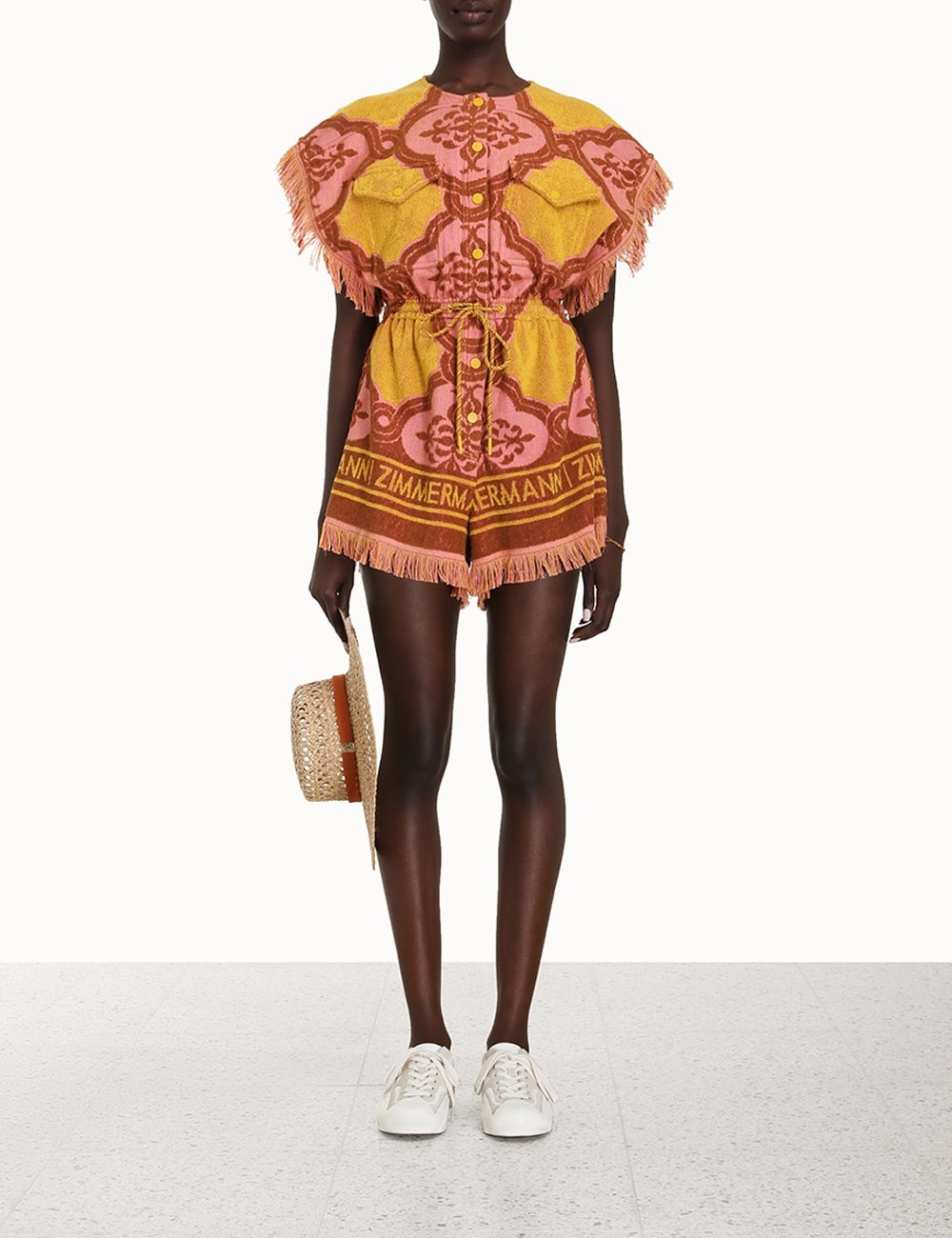 【ZIMMERMANN】cira fringed テリーコットン jacquard playsuit ZIMMERMANN Cira Fringed Jacquard Playsuit in Pink | endource