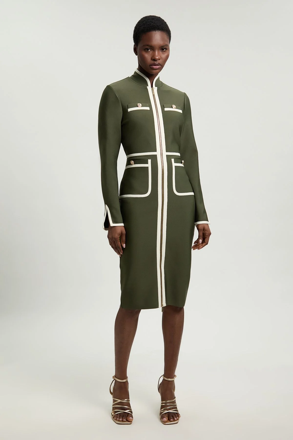 Figure Form Bandage Knit Piping Detail Military Midi Dress - 1