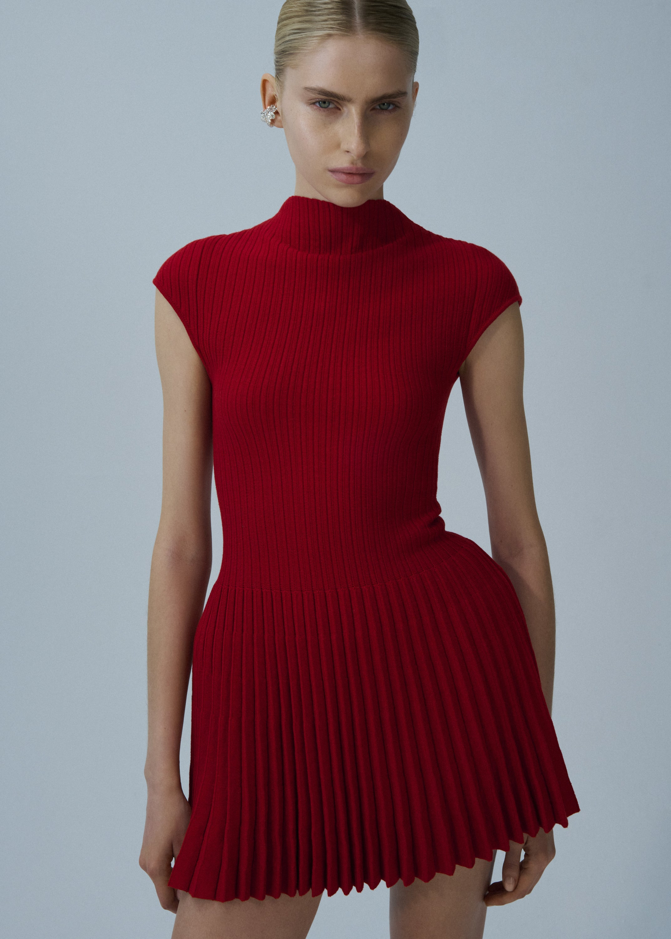 Ribbed knit high-neck skater dress in red - 3