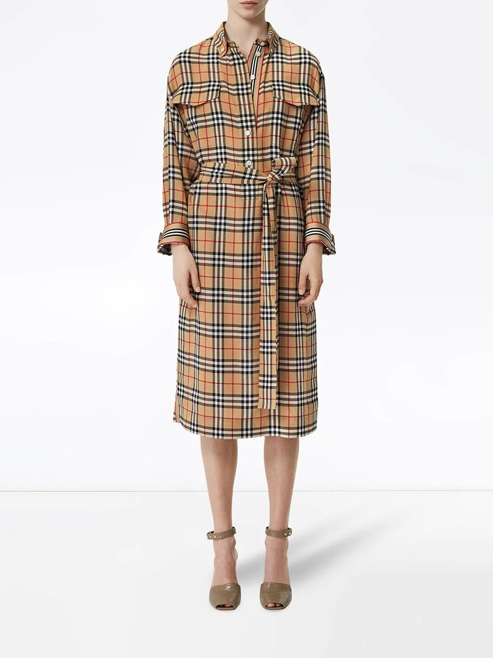 Vintage Check Silk Tie-Waist Shirt Dress - 3