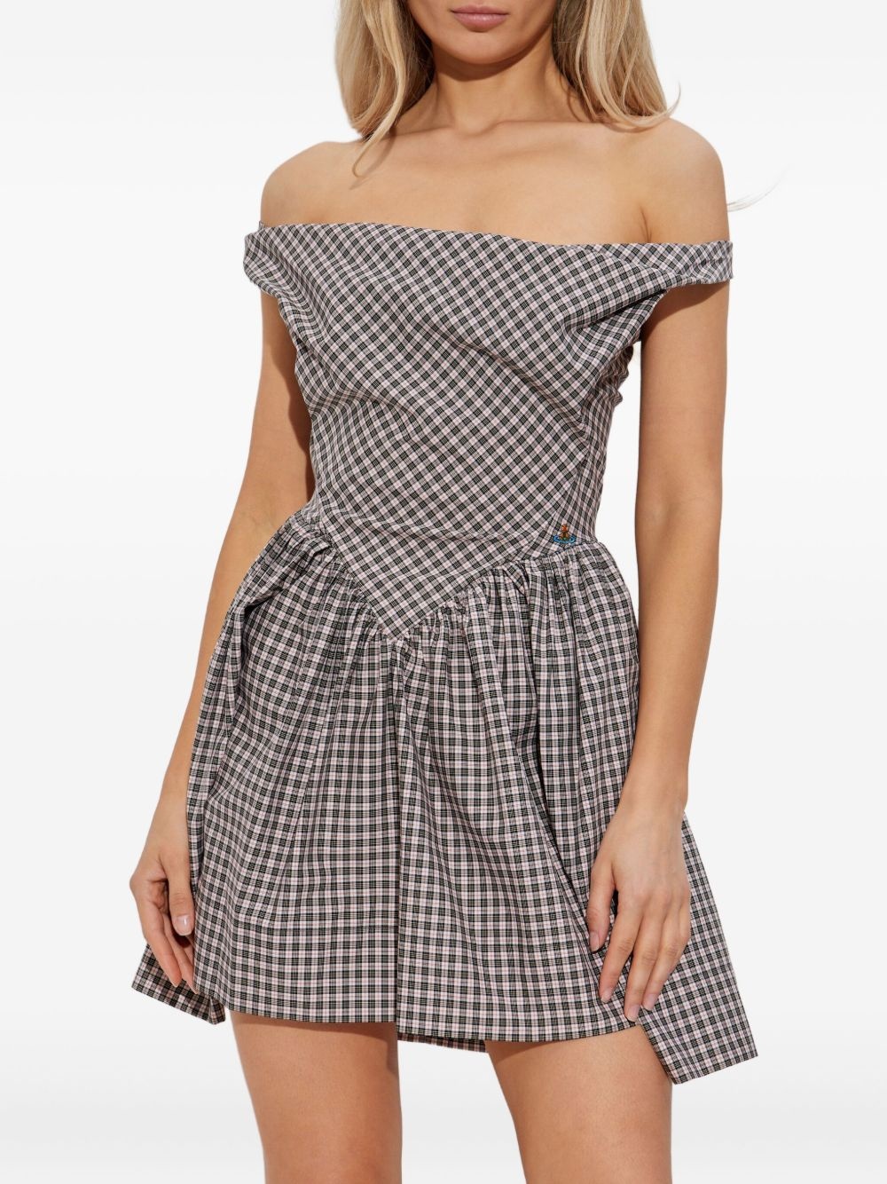 off-shoulder checked dress - 3