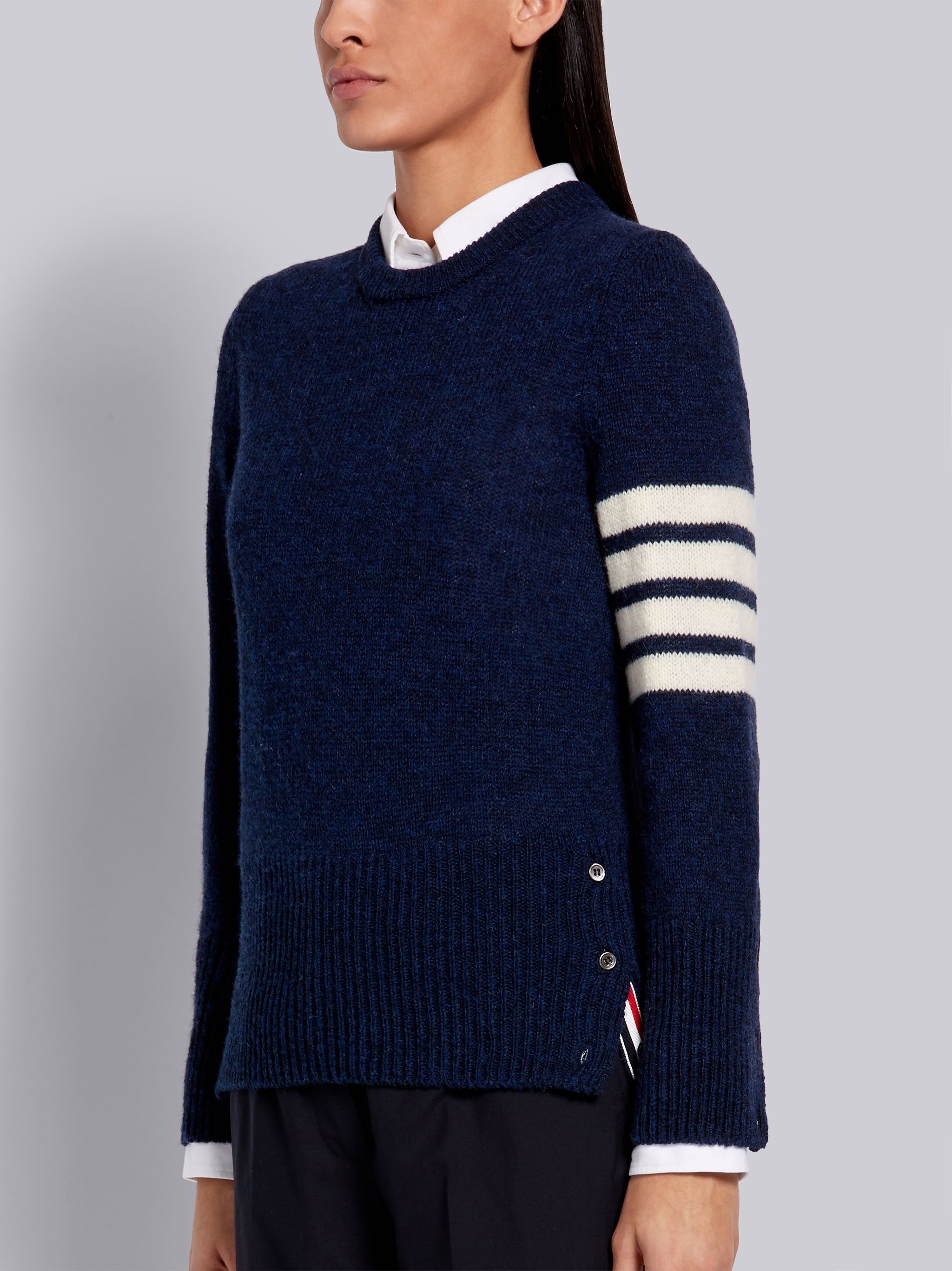 Navy Shetland Wool Jersey Classic Crewneck 4-Bar Pullover - 2