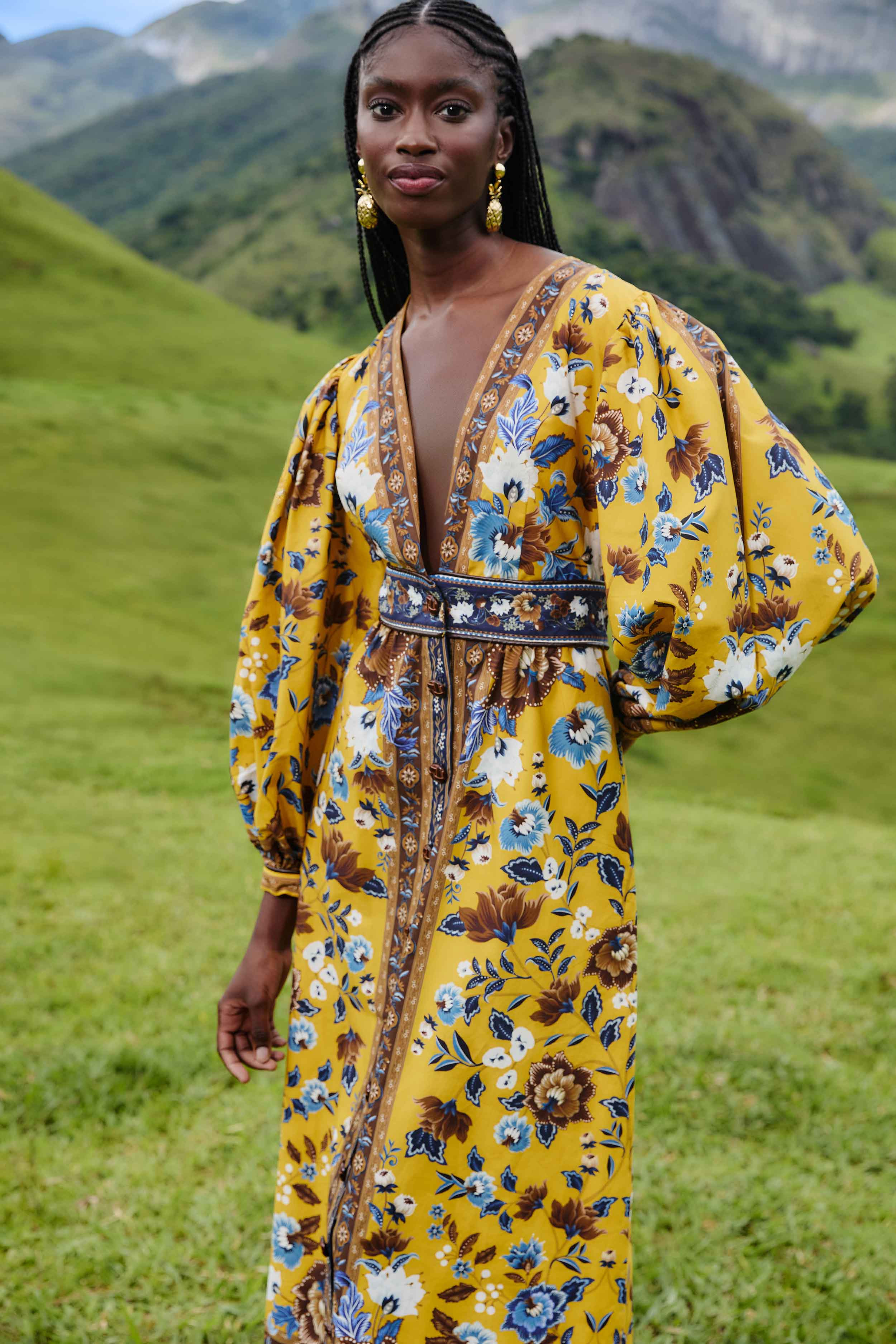 Yellow Flowering Garden Tree Organic Cotton Maxi Dress - 3
