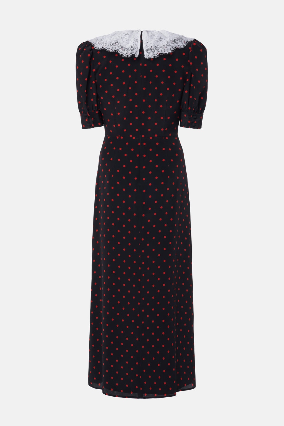 POLKA DOT PRINT SILK DRESS WITH LACE COLLAR, BOW - 2