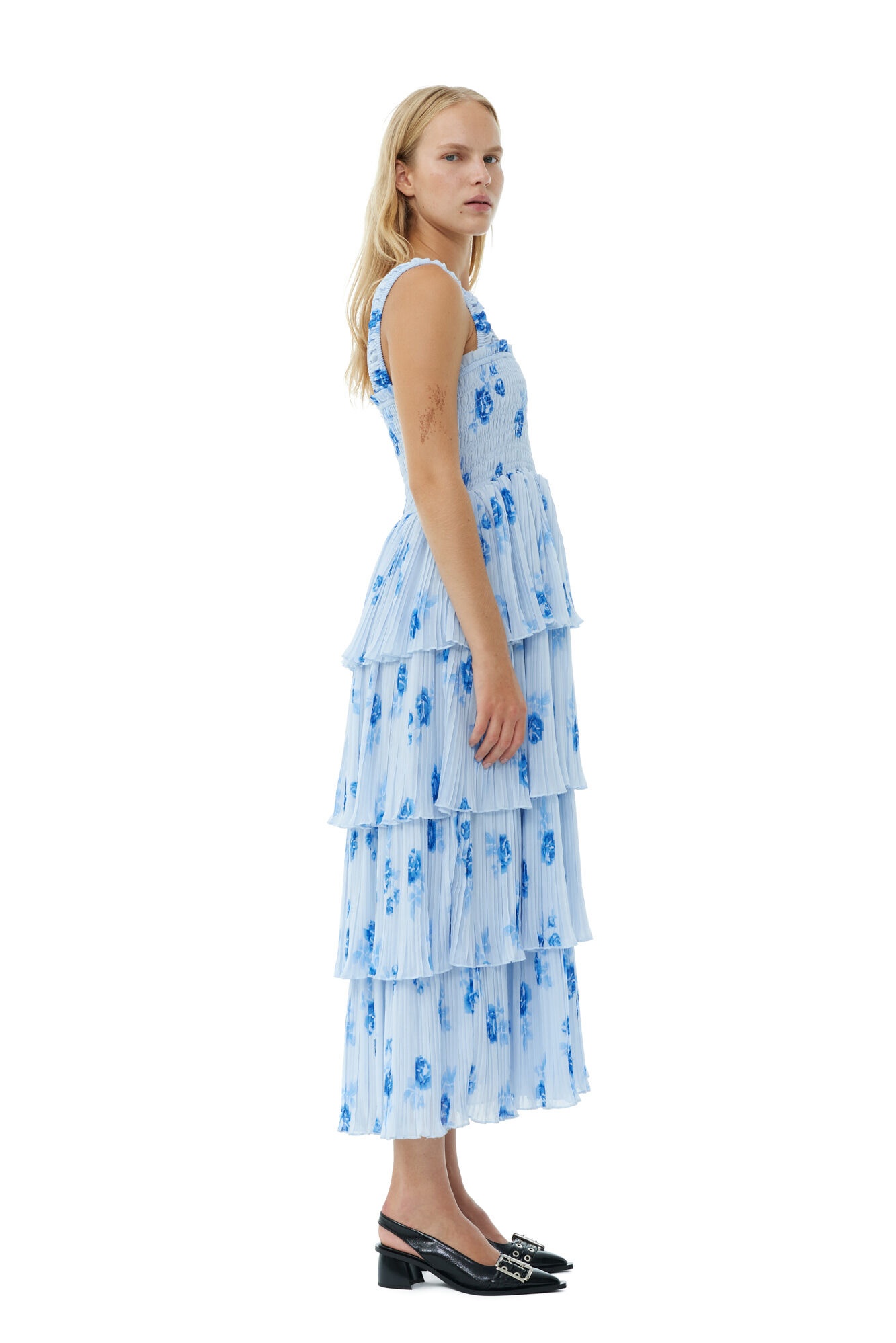 BLUE PLEATED GEORGETTE FLOUNCE SMOCK DRESS - 4