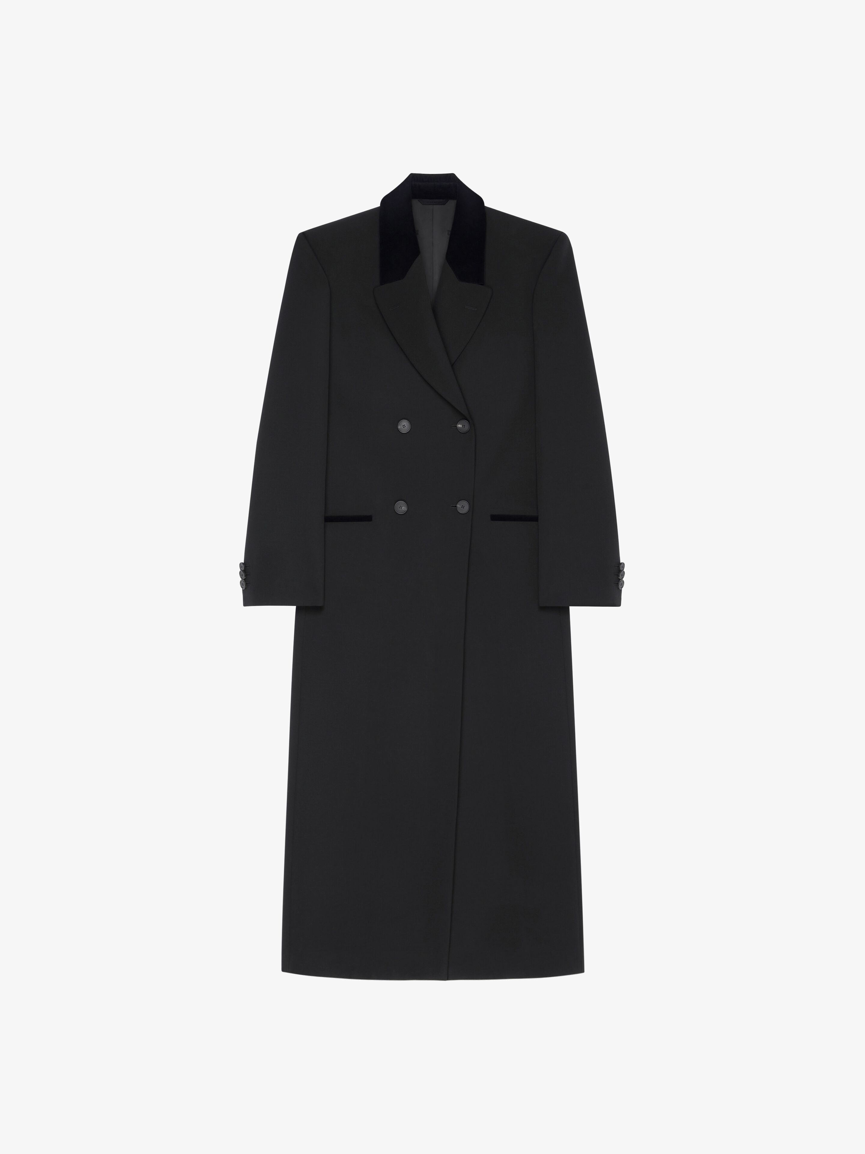 DOUBLE BREASTED COAT IN TRICOTINE WOOL WITH VELVET DETAILS - 1