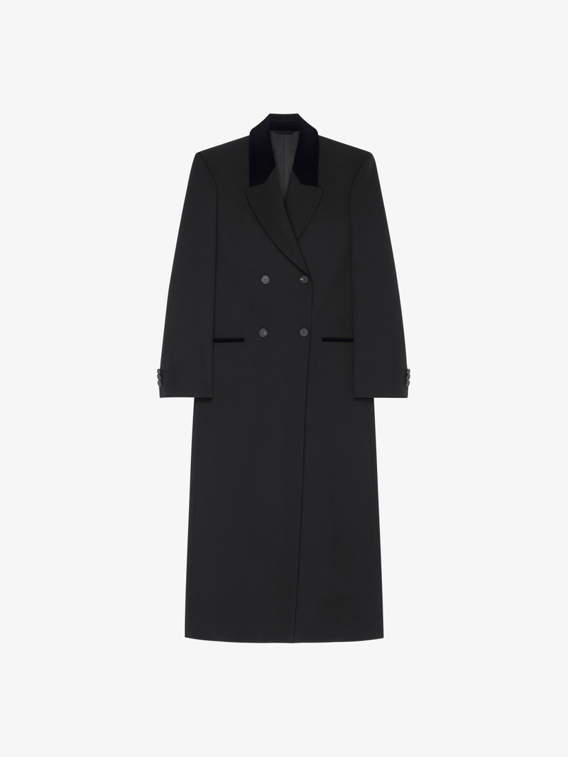 DOUBLE BREASTED COAT IN TRICOTINE WOOL WITH VELVET DETAILS 1