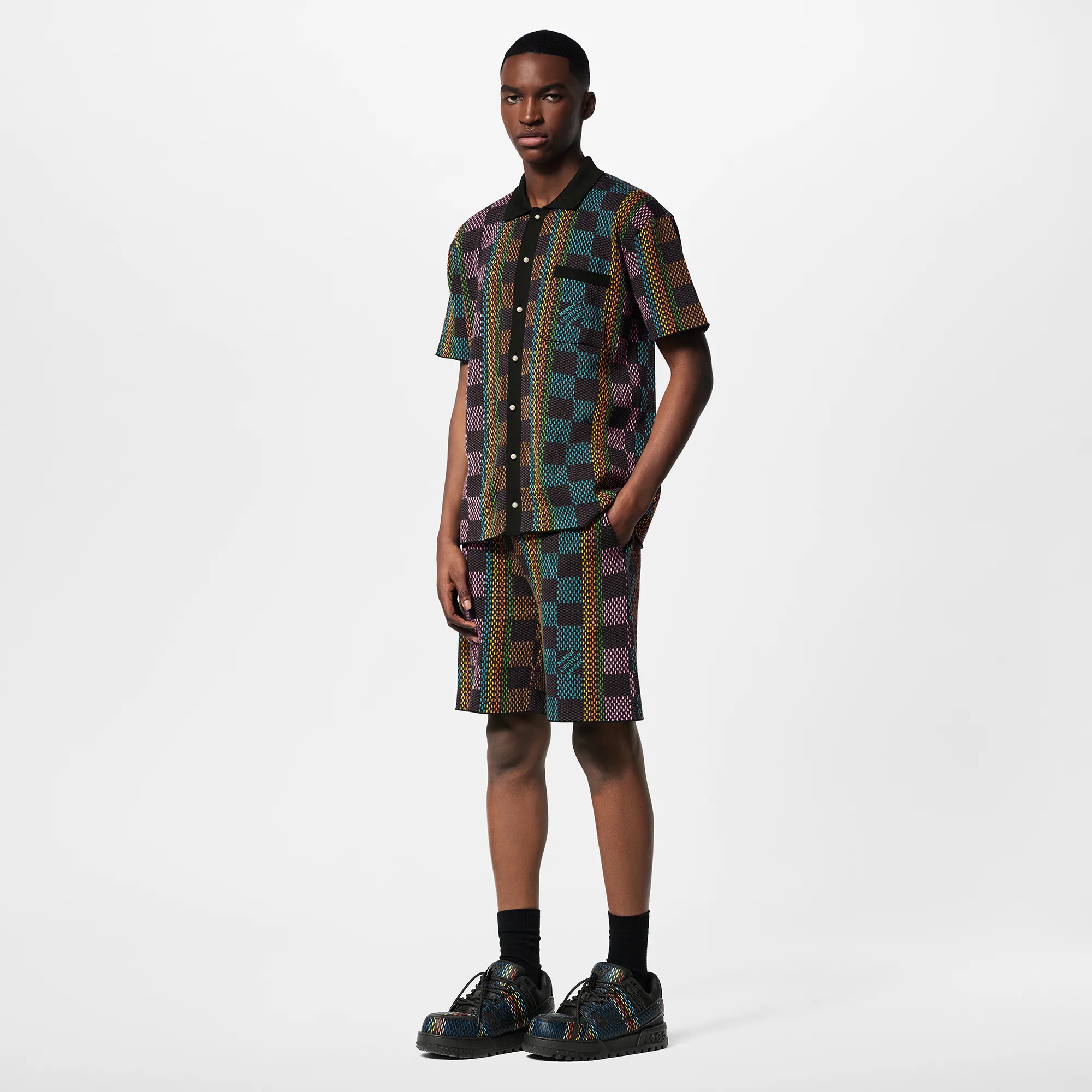 Damier Short-Sleeved Cotton Knit Shirt - 4