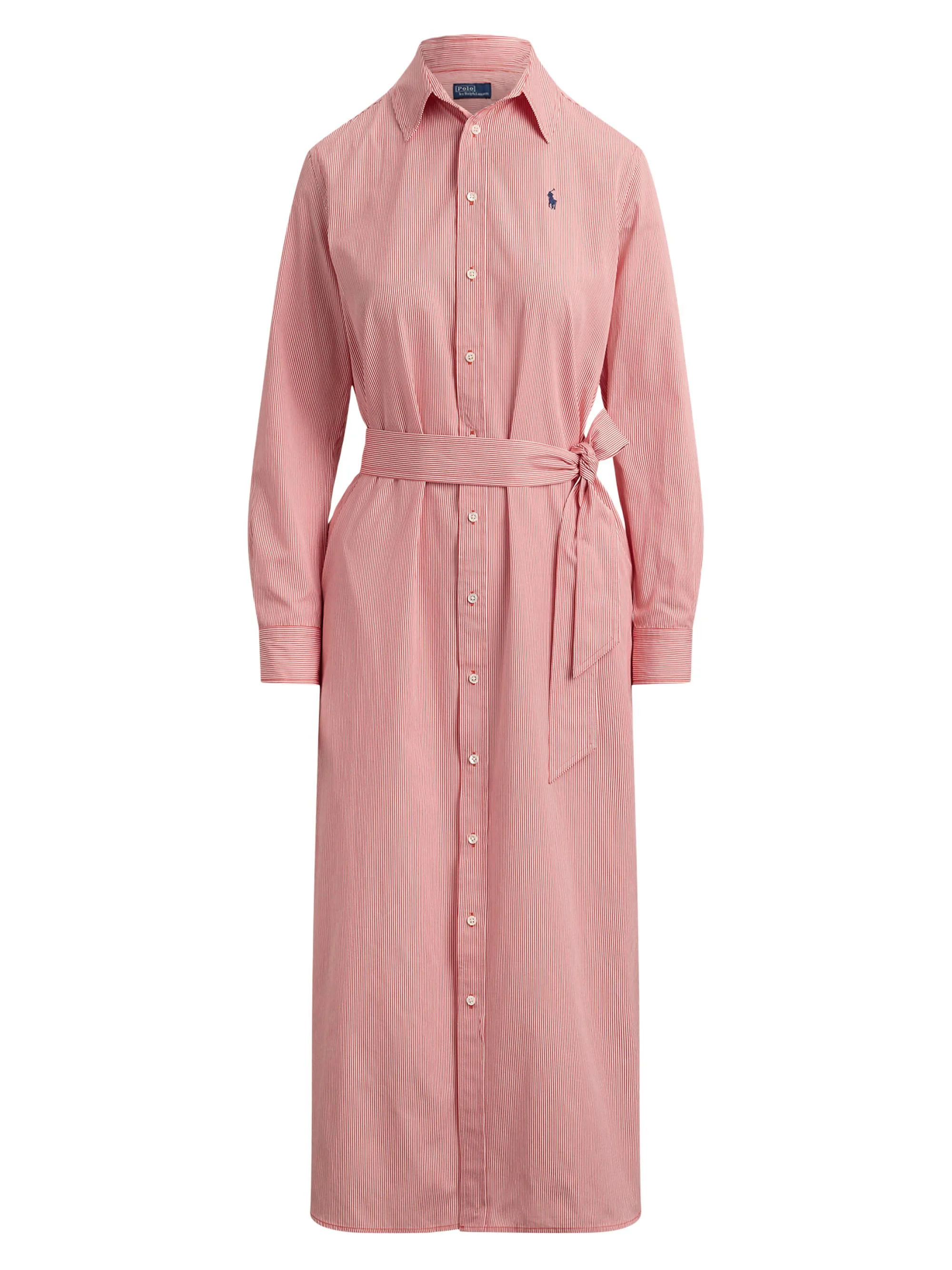Women's Striped Woven Cotton Shirtdress - Red White - 1
