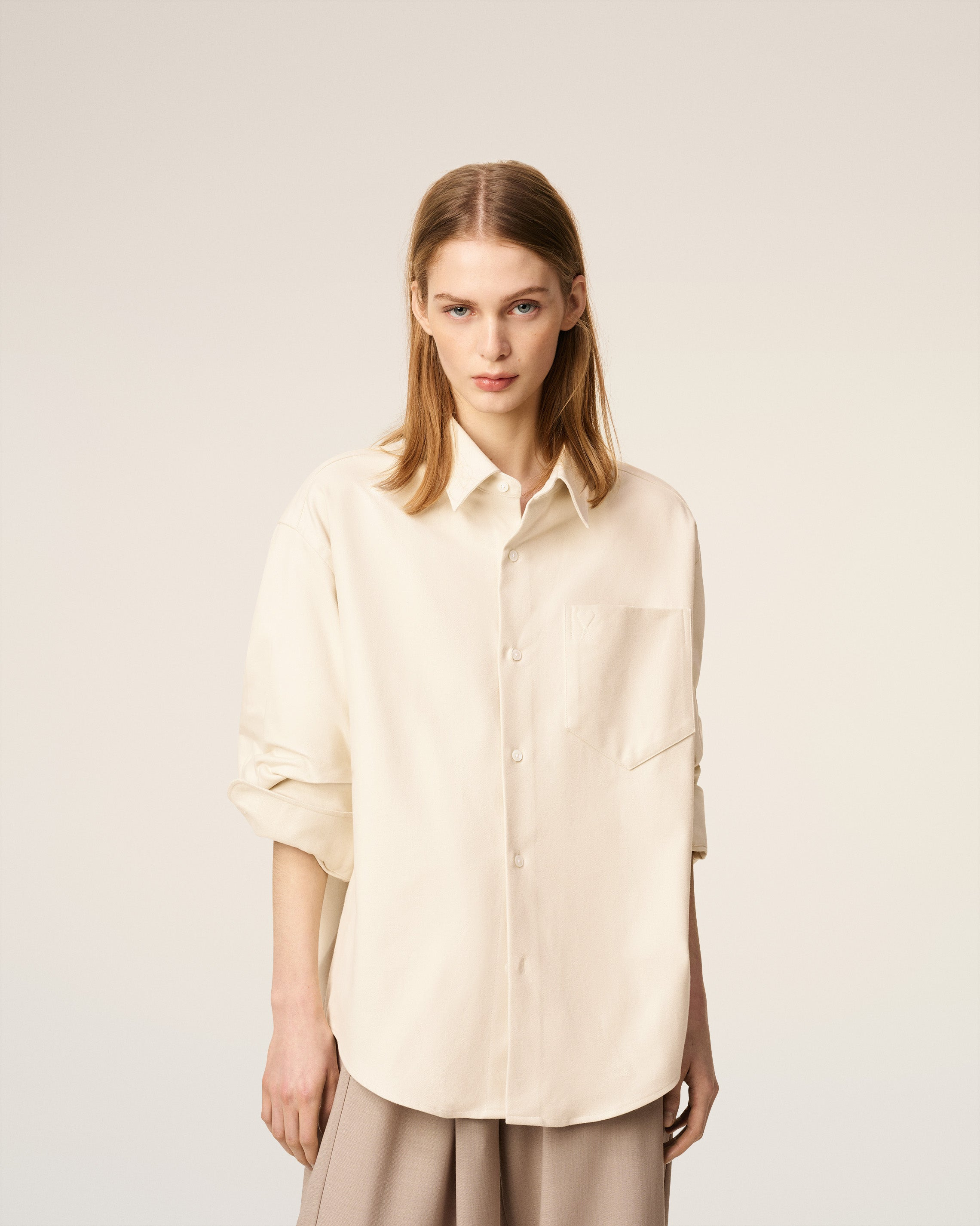 BEIGE COTTON EMBOSSED AMI DE COEUR BOXY SHIRT - 5