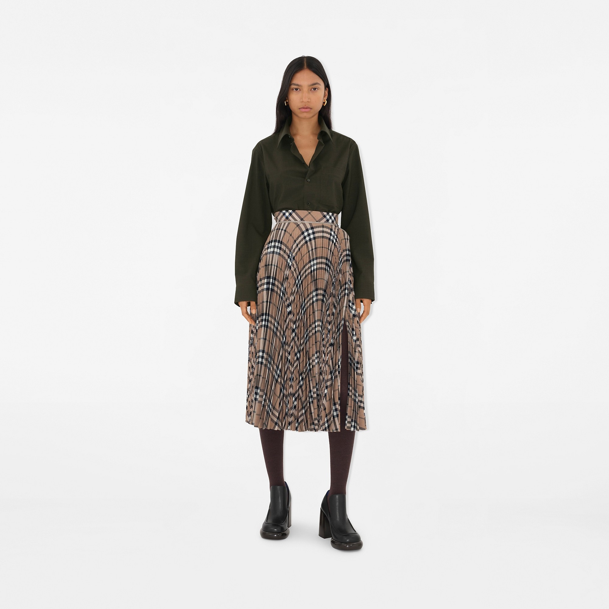 Burberry Pleated Check Wool Blend Skirt | REVERSIBLE