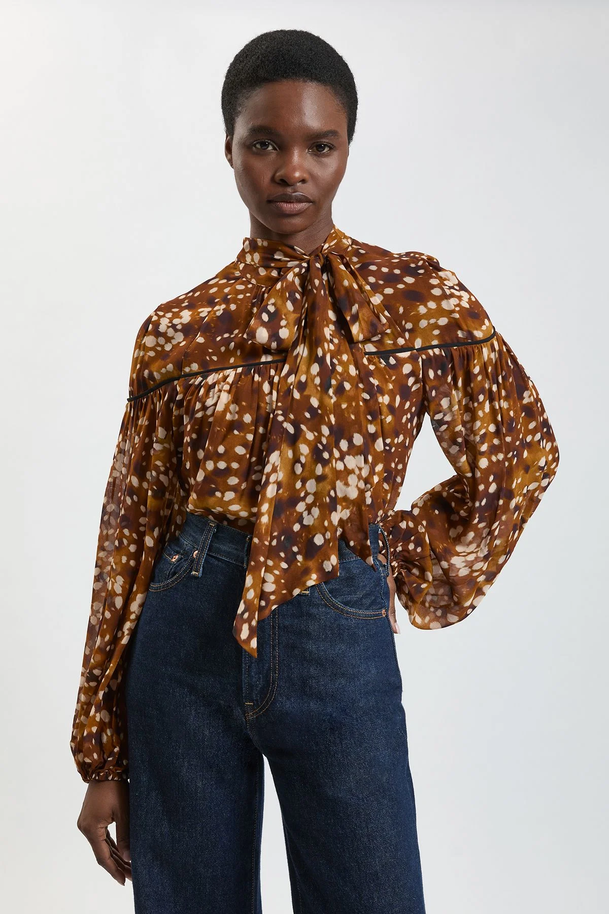 Viscose Animal Print Woven Tie Neck Blouse - 1