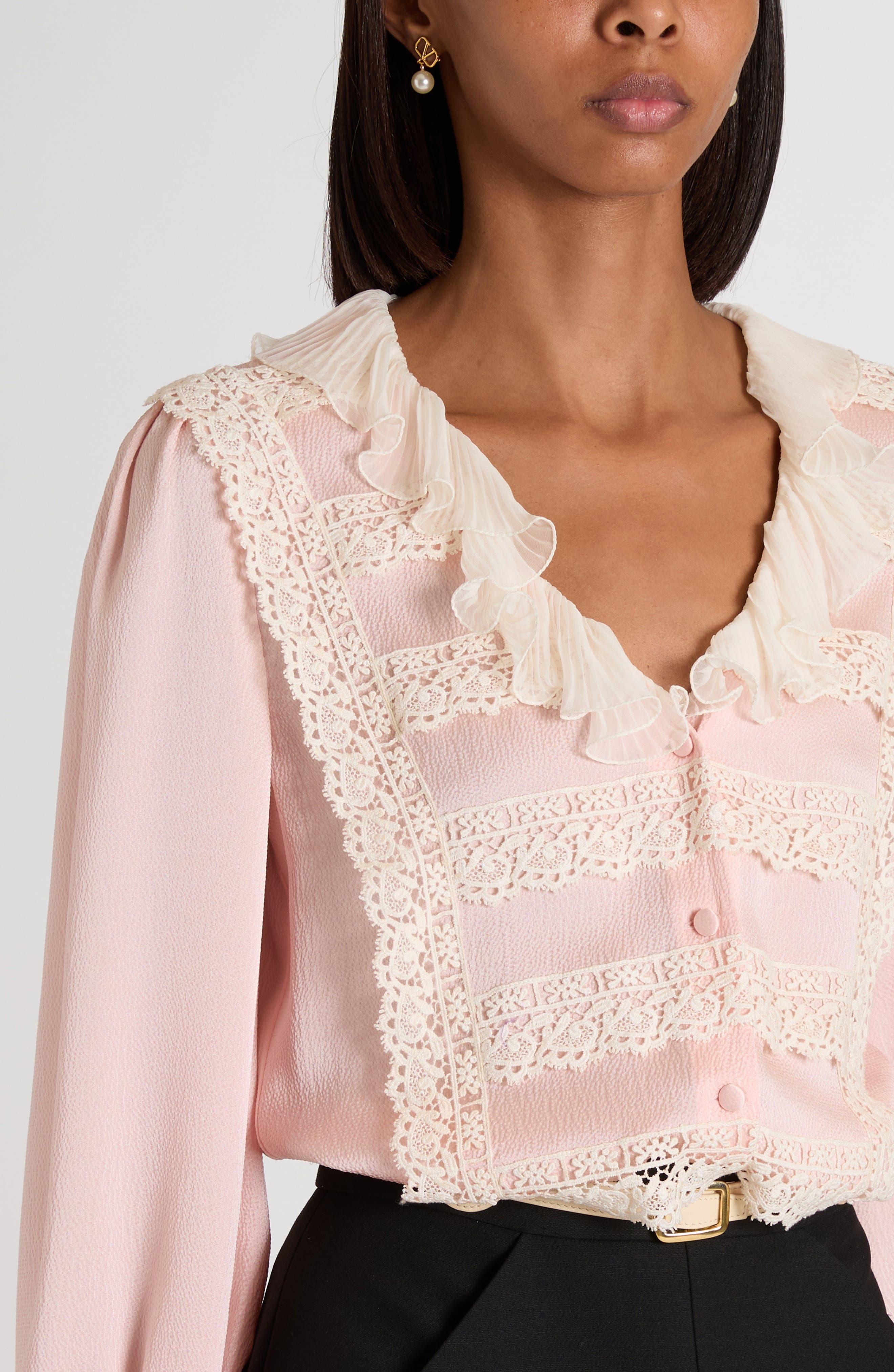 Valentino Garavani Lace Trim Chiffon Ruffle Hammered Satin Shirt in Light Pink/Ivory at Nordstrom - 4