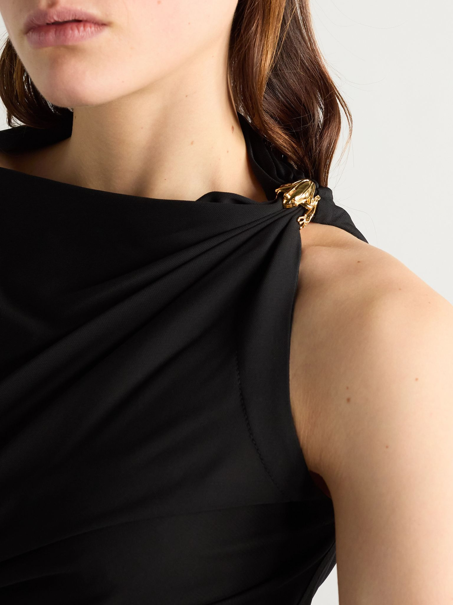 Asymmetric cape-effect embellished draped jersey dress Black - 6