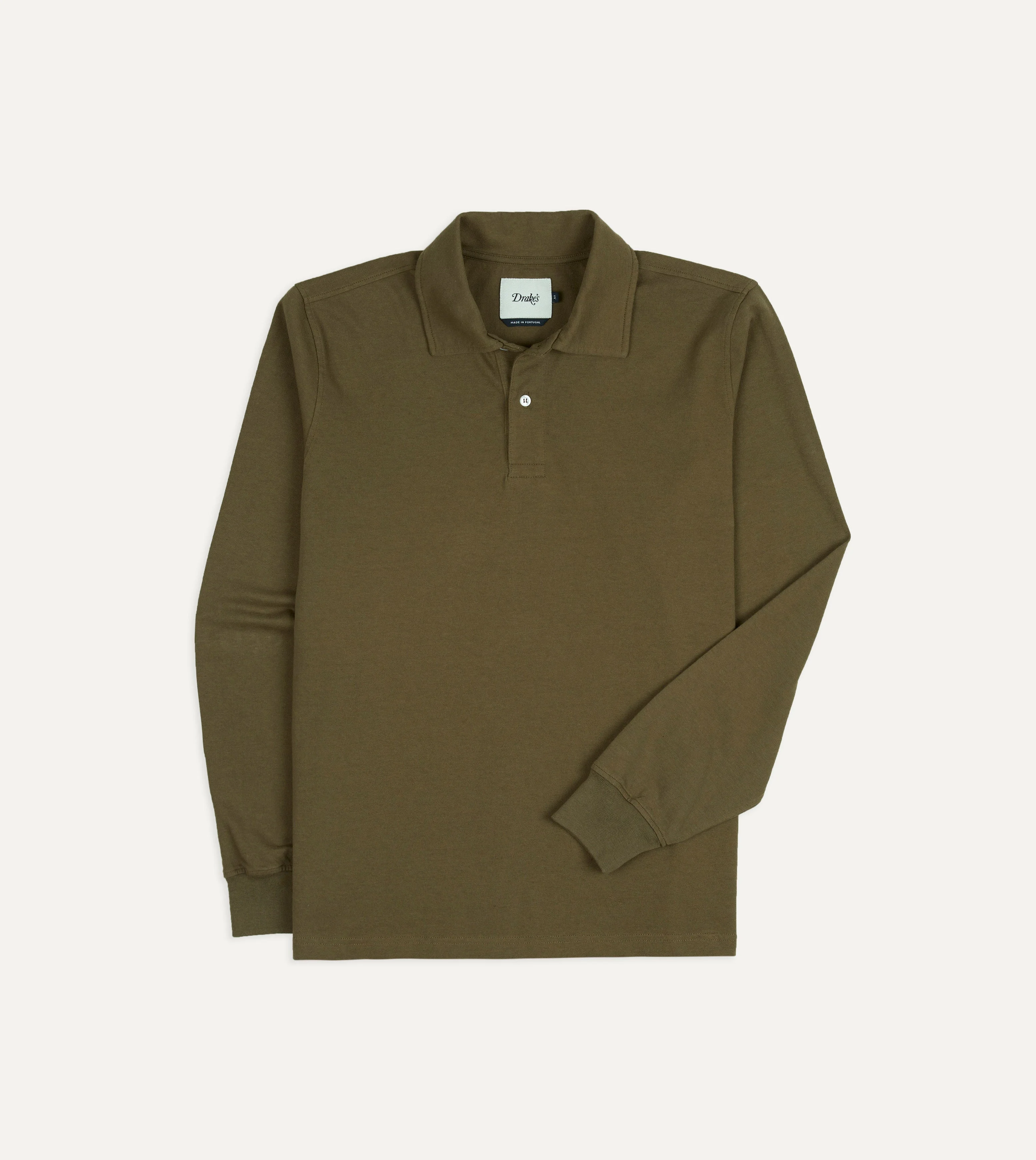 Olive Cotton Jersey Long-Sleeve Polo Shirt - 1