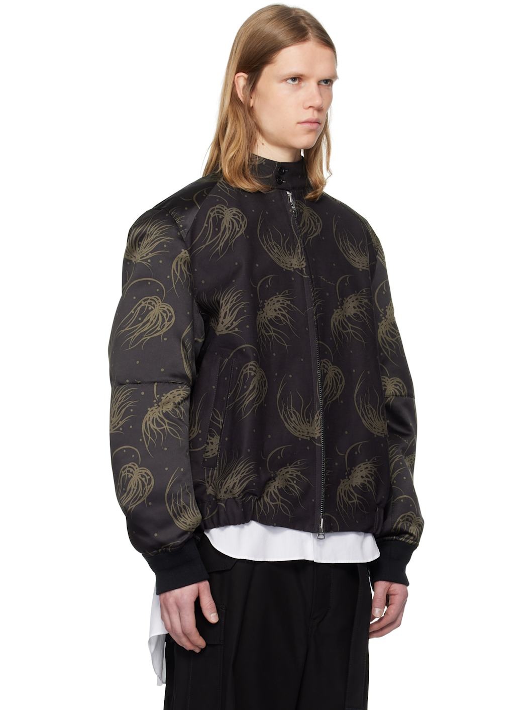 Black Dot Flower Print Bomber Jacket - 2